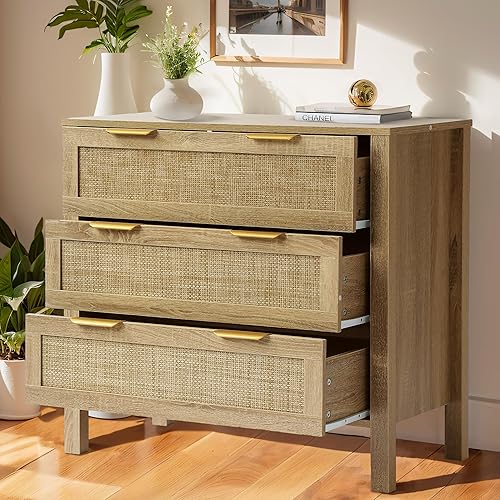 3 Drawer Dressers for Bedroom, Rattan Dresser with Drawers, Modern