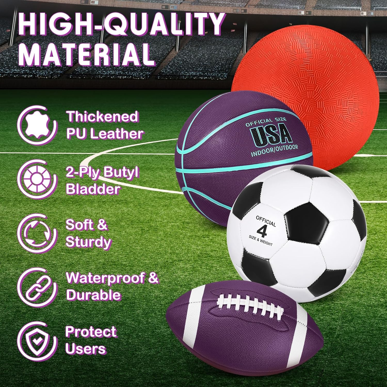 Deekin 4 Pcs Sport Balls Set for Kids Teens, Include Official Size Basketball Soccer Football Playground Ball and Pump Sports Equipment Bag Sports Gift(Purple, Teal)