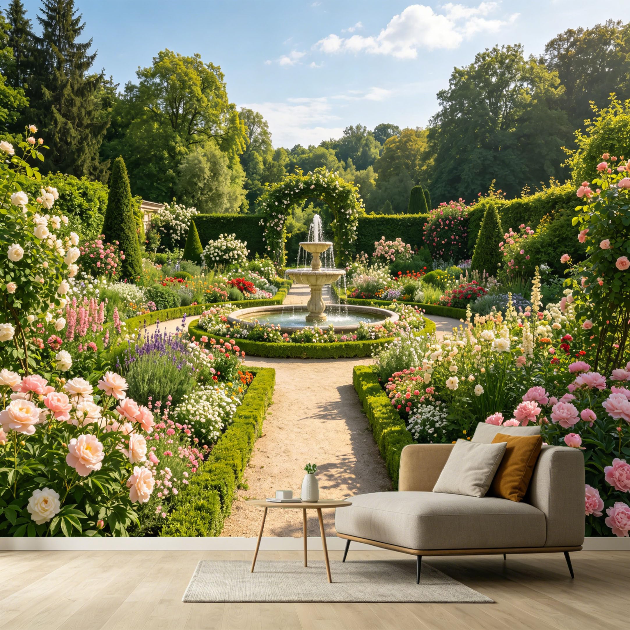 Custom Size Wall Murals Botanical Fountain European Garden Oil Painting Floral Bloom Path SelfAdhesive Wall Fabric Removable Large Wallpaper Photo for Living Room