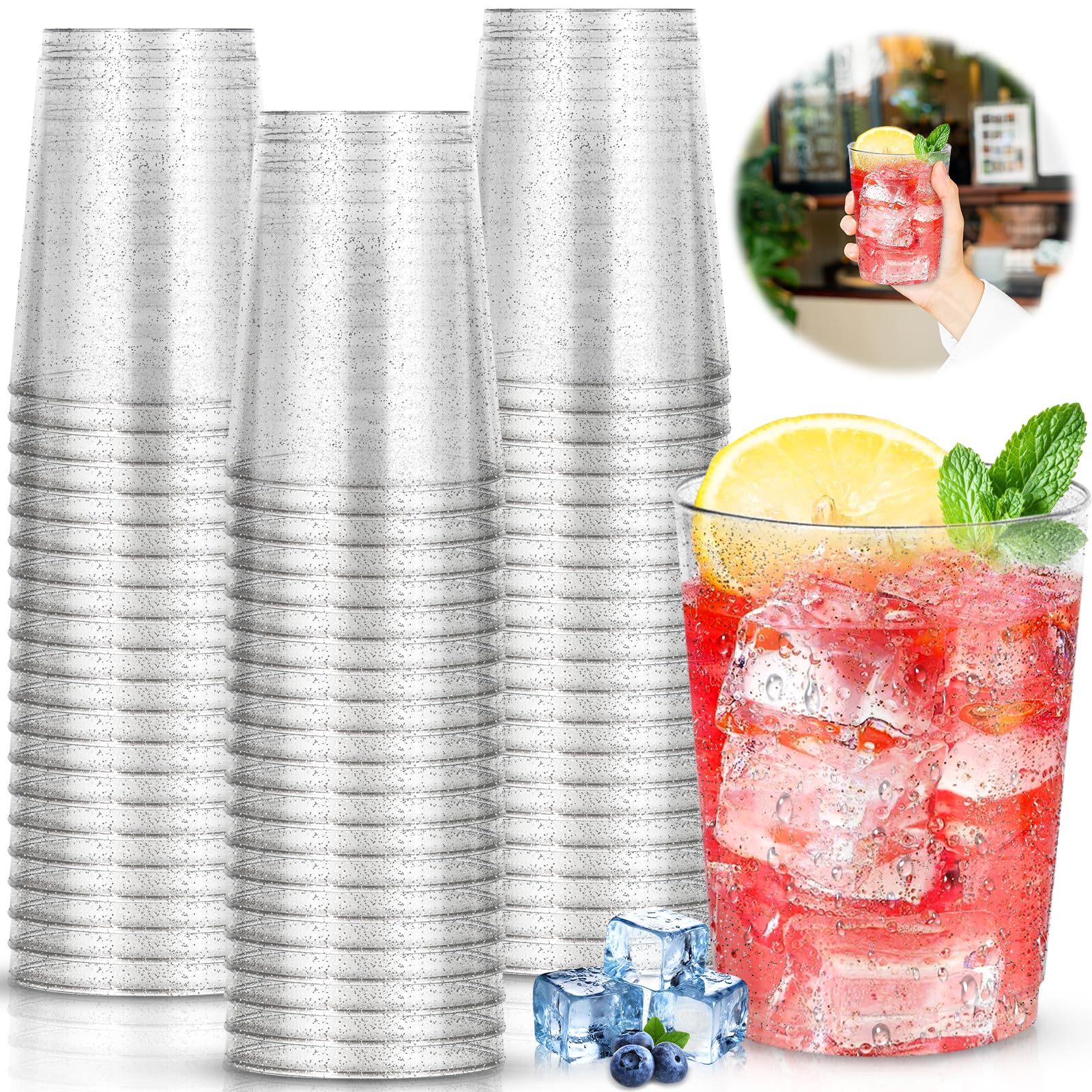 Confezione da 60 bicchieri di 'plastica', 300 ml, in plastica rigida, riutilizzabili, bicchieri da cocktail per beer e bevande, feste, compleanni, matrimoni, Natale, argentati