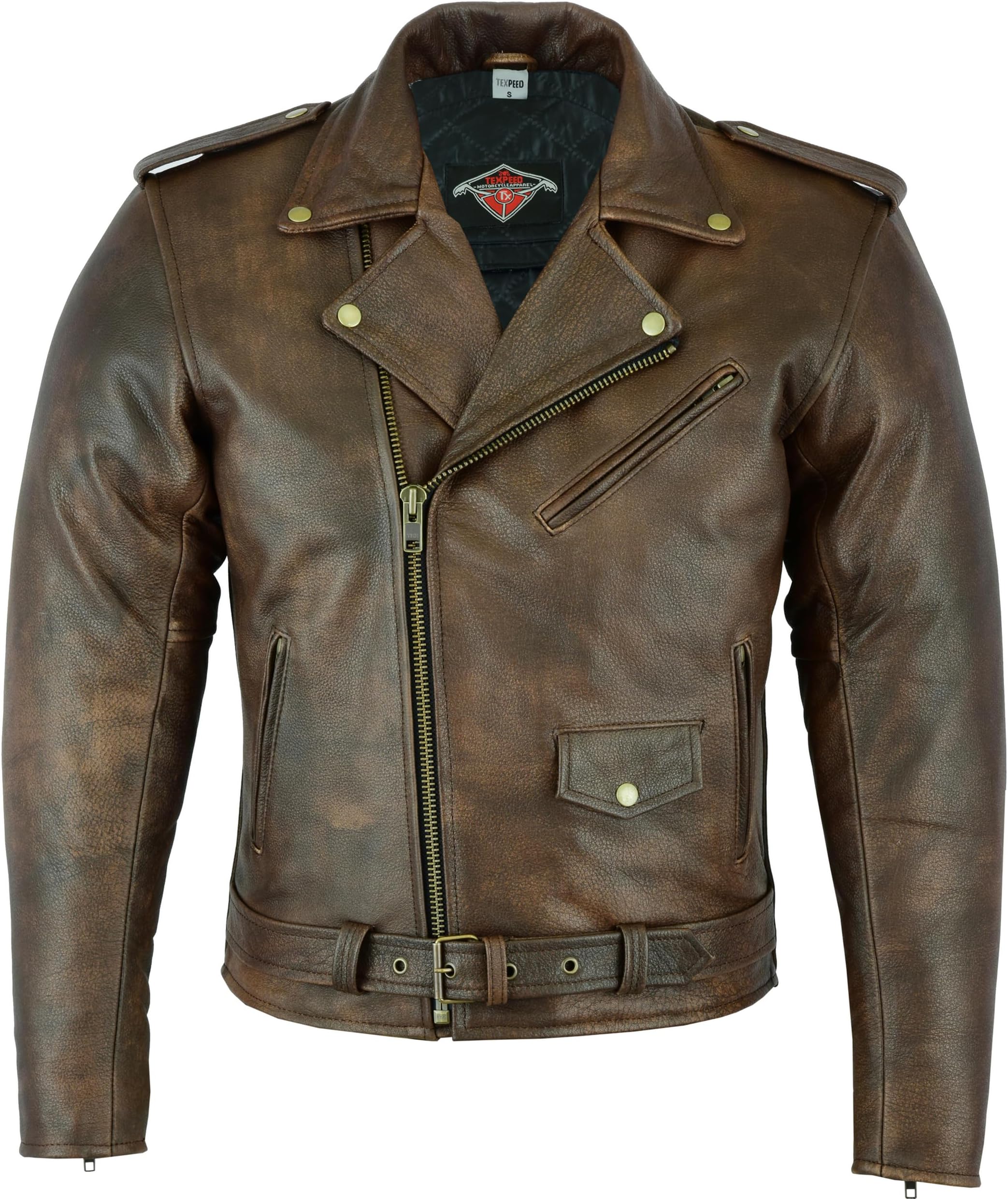 Texpeed Mens Leather Marlon Brando Motorcycle Jacket - Touring Motorbike Jacket With Genuine Biker CE Armour (EN 1621-1) Protection Brown - XL