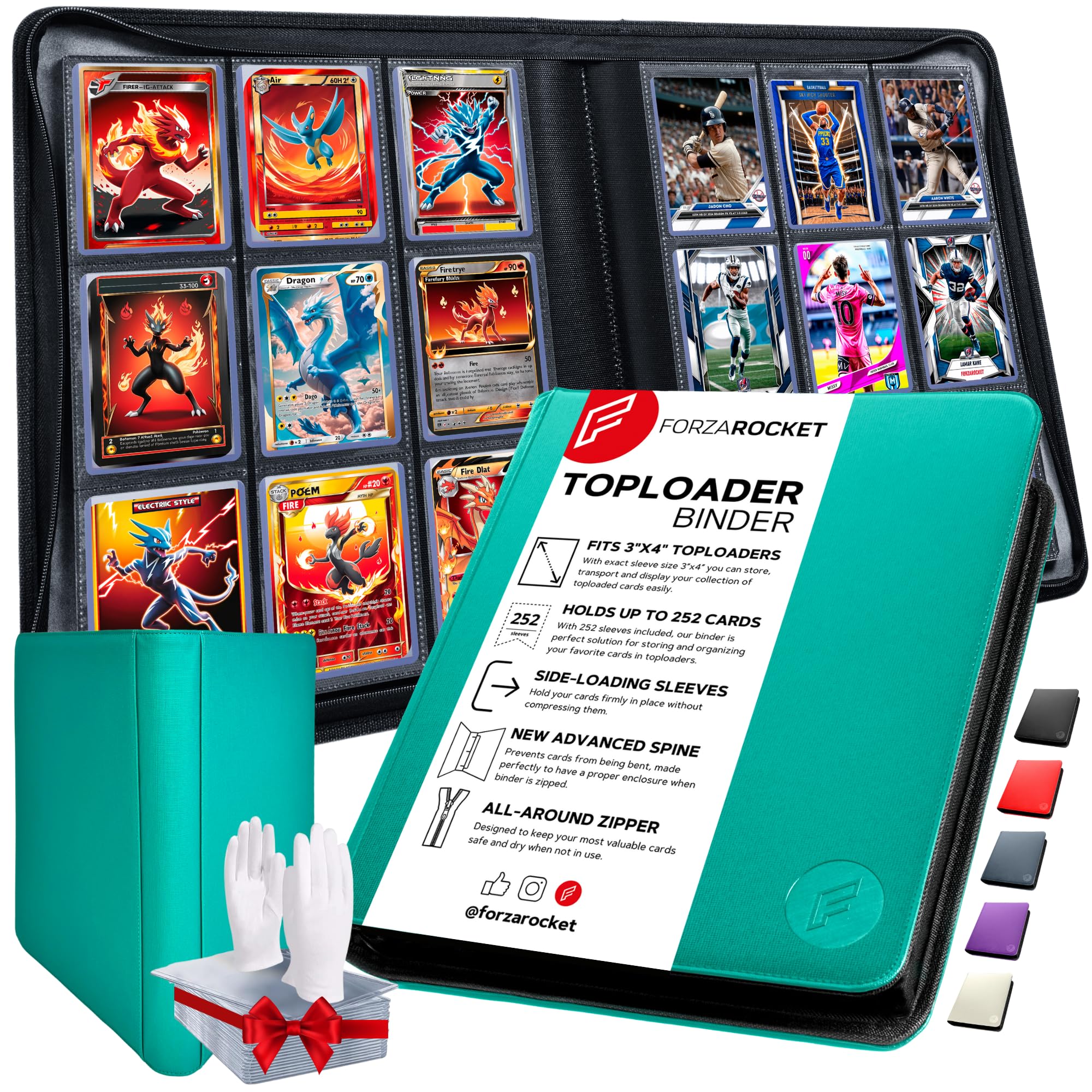 FORZAROCKETToploader Binder, Holds 252 Top Loaders, 8 INCLUDED, Waterproof PU Leather, Archival Safe Pockets, Compatible with MTG, TCG, Sports, Trading Cards in 3"x4" Toploaders (9 pocket, Teal)