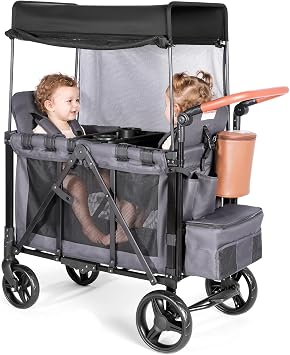 Stroller Wagon for 2 Kids, Foldable 2 Seater Wagon Stroller with Raised Seats, 5-Point Harnesses, Adjustable UPF 50+ Canopy, Front Zip Door, All-Terrain Wheels, Insulated Snack Bag, Dark Gray