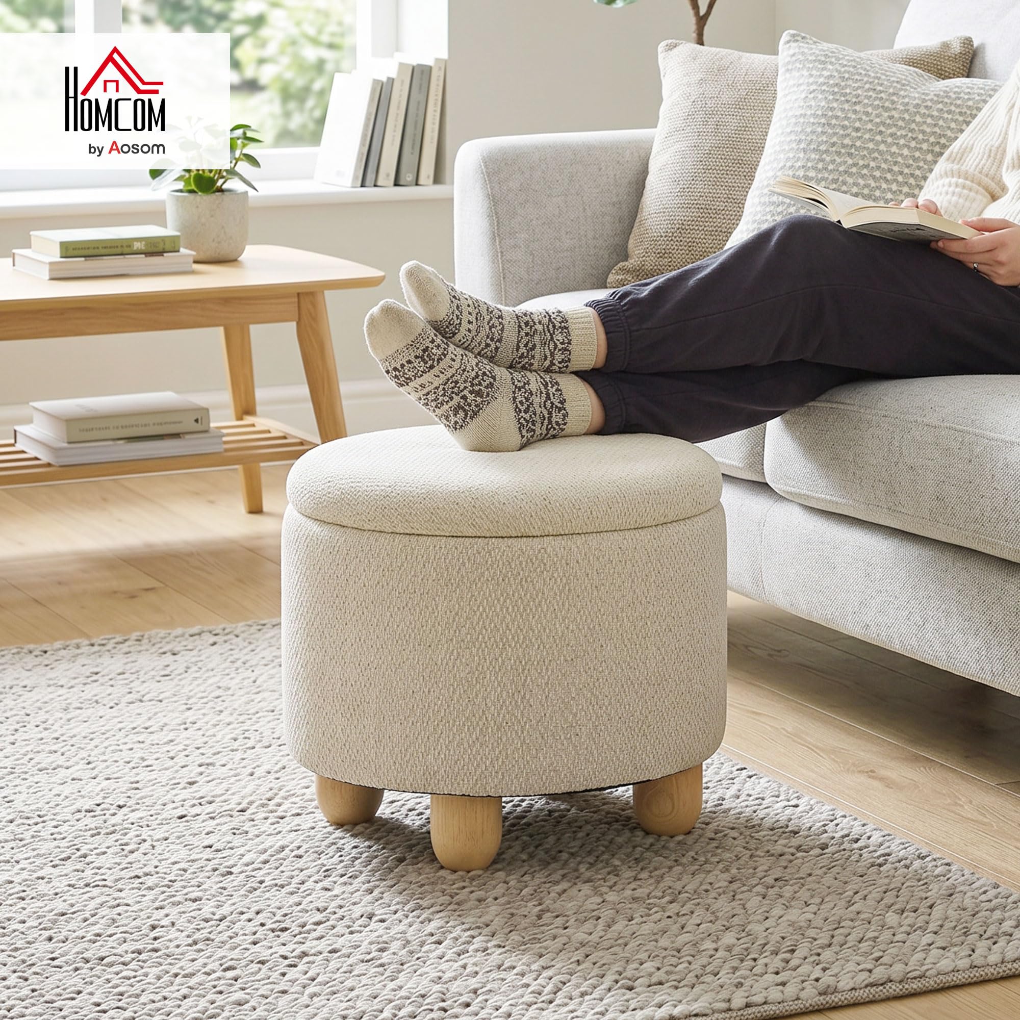 HOMCOM Pouf Contenitore Rotondo 19L con Coperchio 38.5x38.5x33.5 cm Beige | Tessuto Effetto Iuta, Sgabello Contenitore, Capacità 120kg, Camera da Letto, Soggiorno, Ingresso