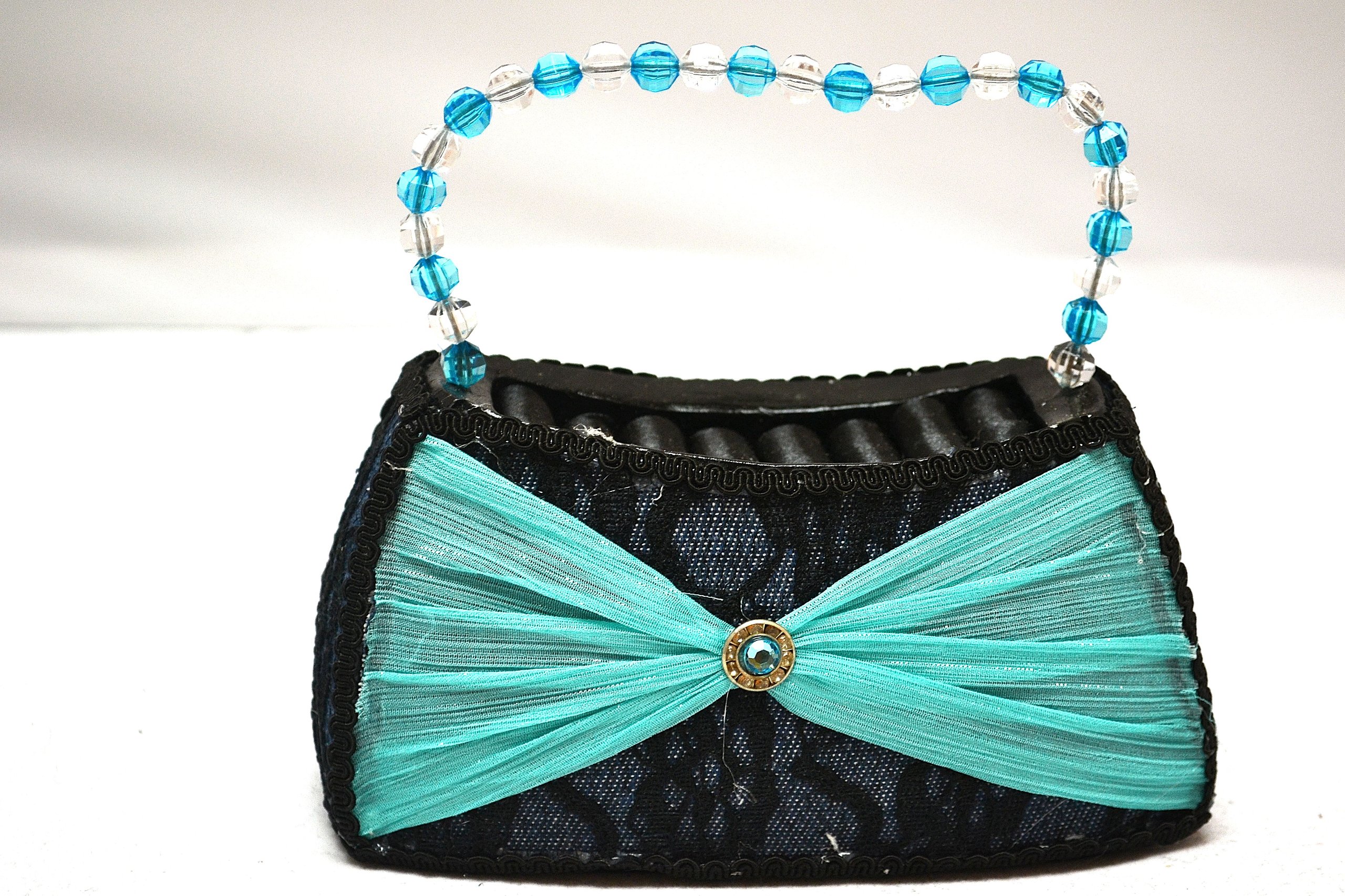 Elegant Black and Bright Turquoise Lace on Demin Diamond Purse Ring Holder