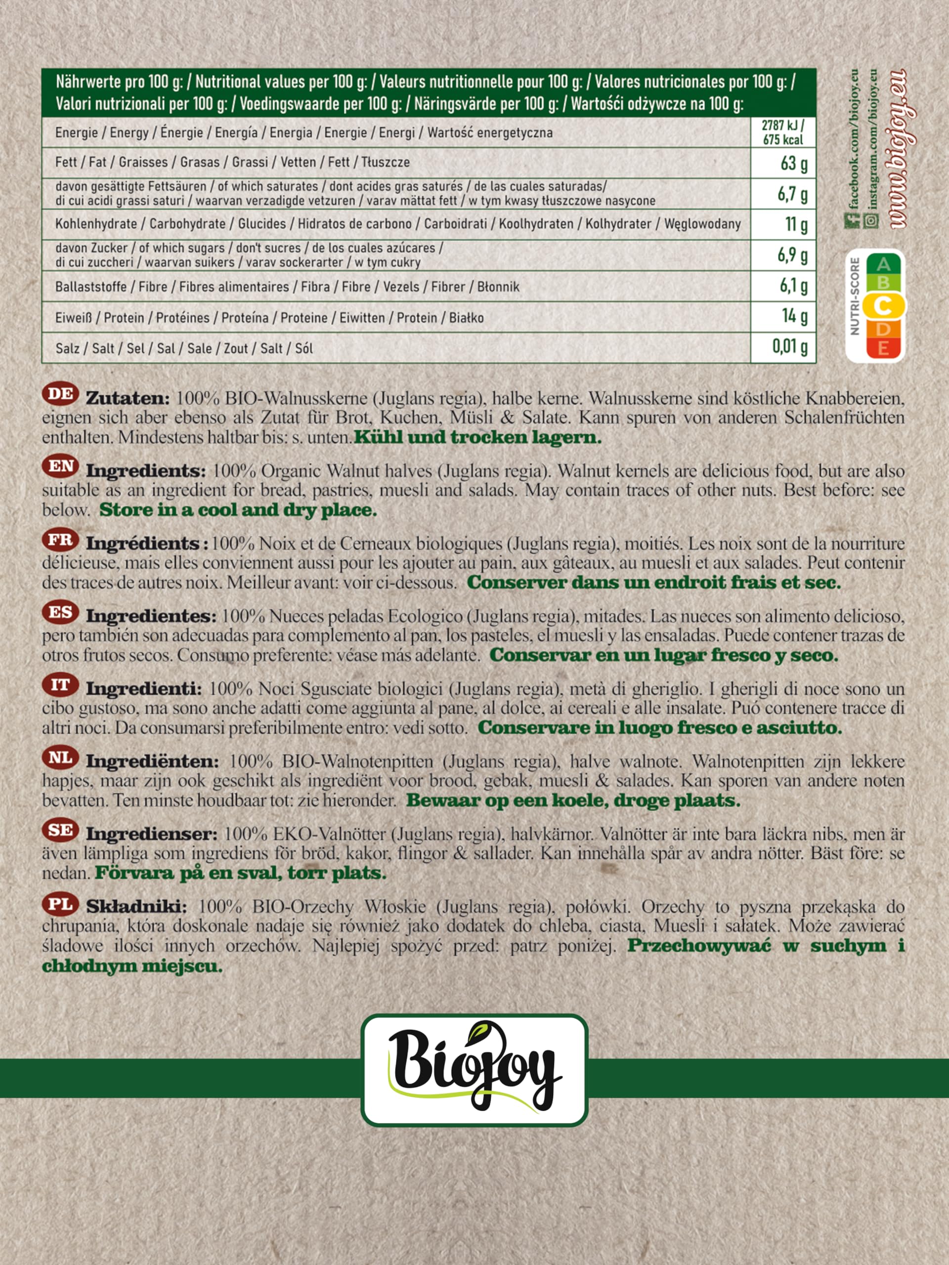 Biojoy Nueces Peladas Ecológicas (1 kg Mitades), crudas y sin aditivos (Juglans regia)