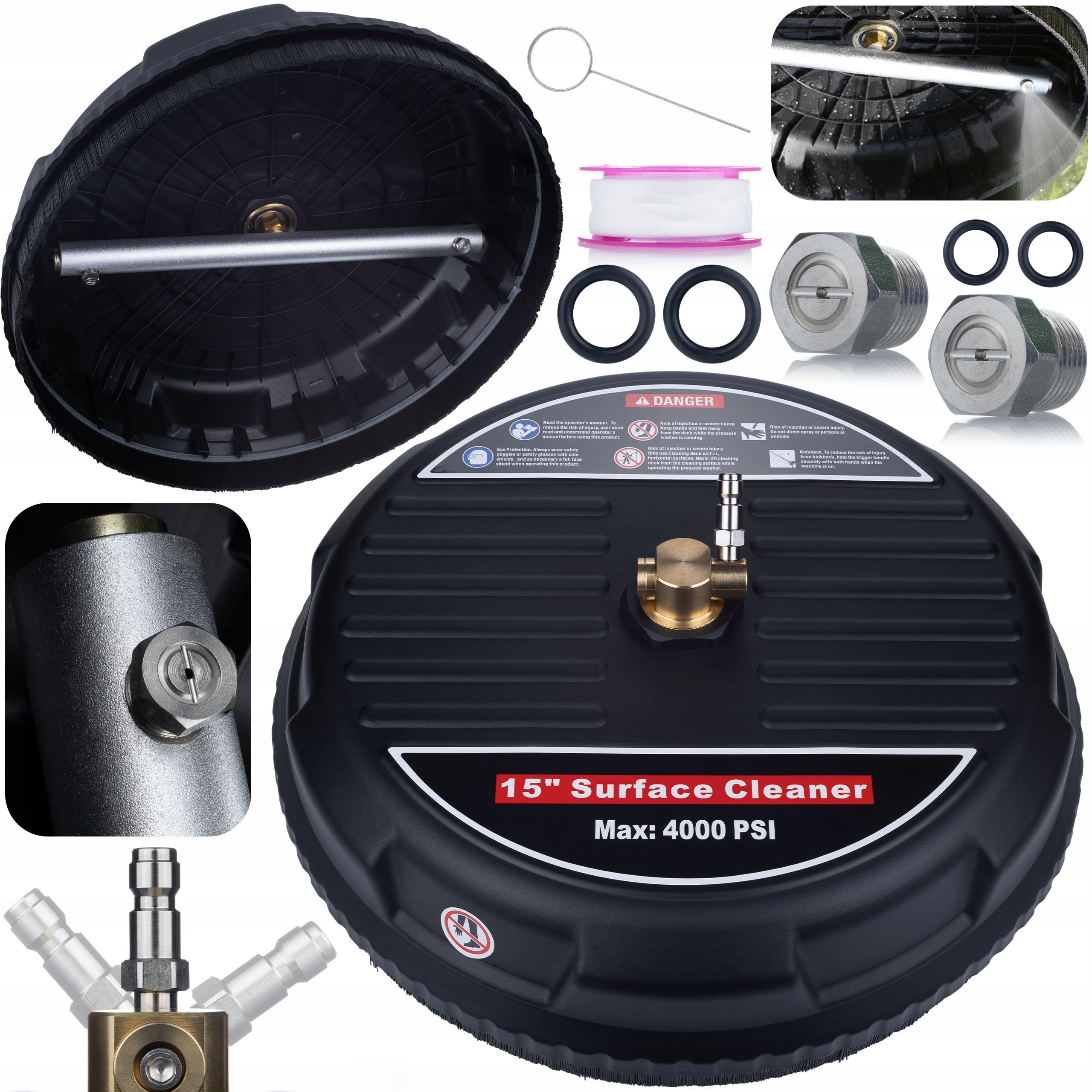 Rosfix Kit T-Racer 15" + Lanza 70 cm 30° + Adaptador – Pieza de repuesto para hidrolimpiadora Karcher K2-K7 | Acoplamiento rápido de 1/4" | Limpieza de terrazas y pavimentos | Cepillo giratorio