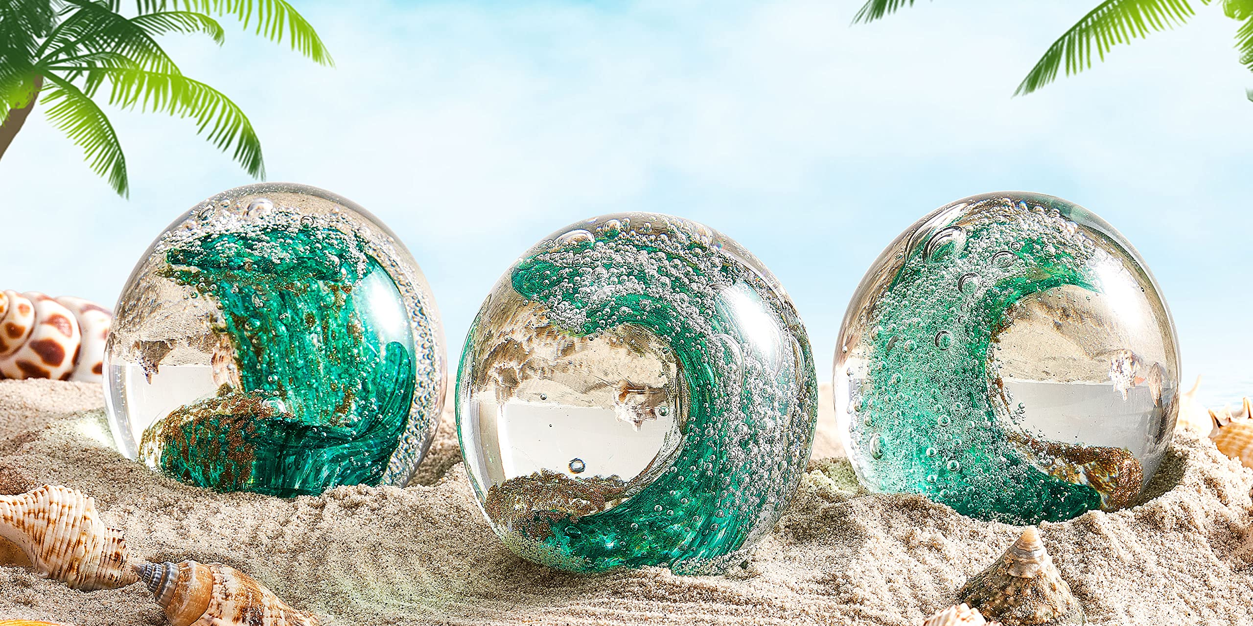 Figuras de vidrio soplado a mano bola de olas del océano pisapapeles oficina decoración hogar coleccionable acuario