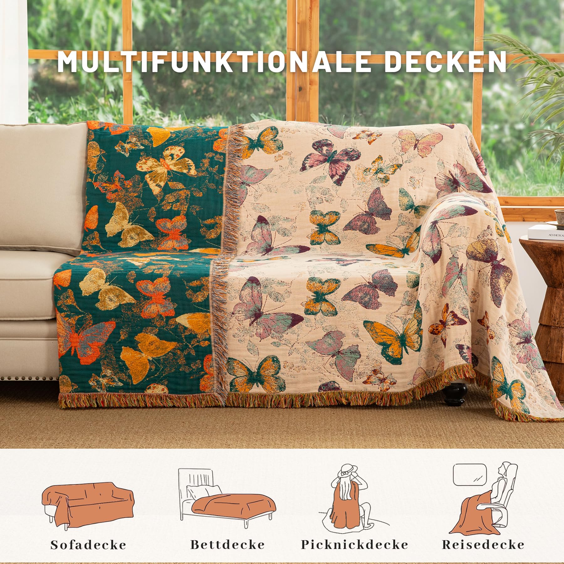 Boho Tagesdecke mit Fransen, 100% Baumwolle Doppelseitige Musselin Decke 230x250cm, Weiche Kuschelige Sofadecke & Bettüberwurf, Atmungsaktiv für Wohnzimmer Schlafzimmer Ganzjährige Nutzung