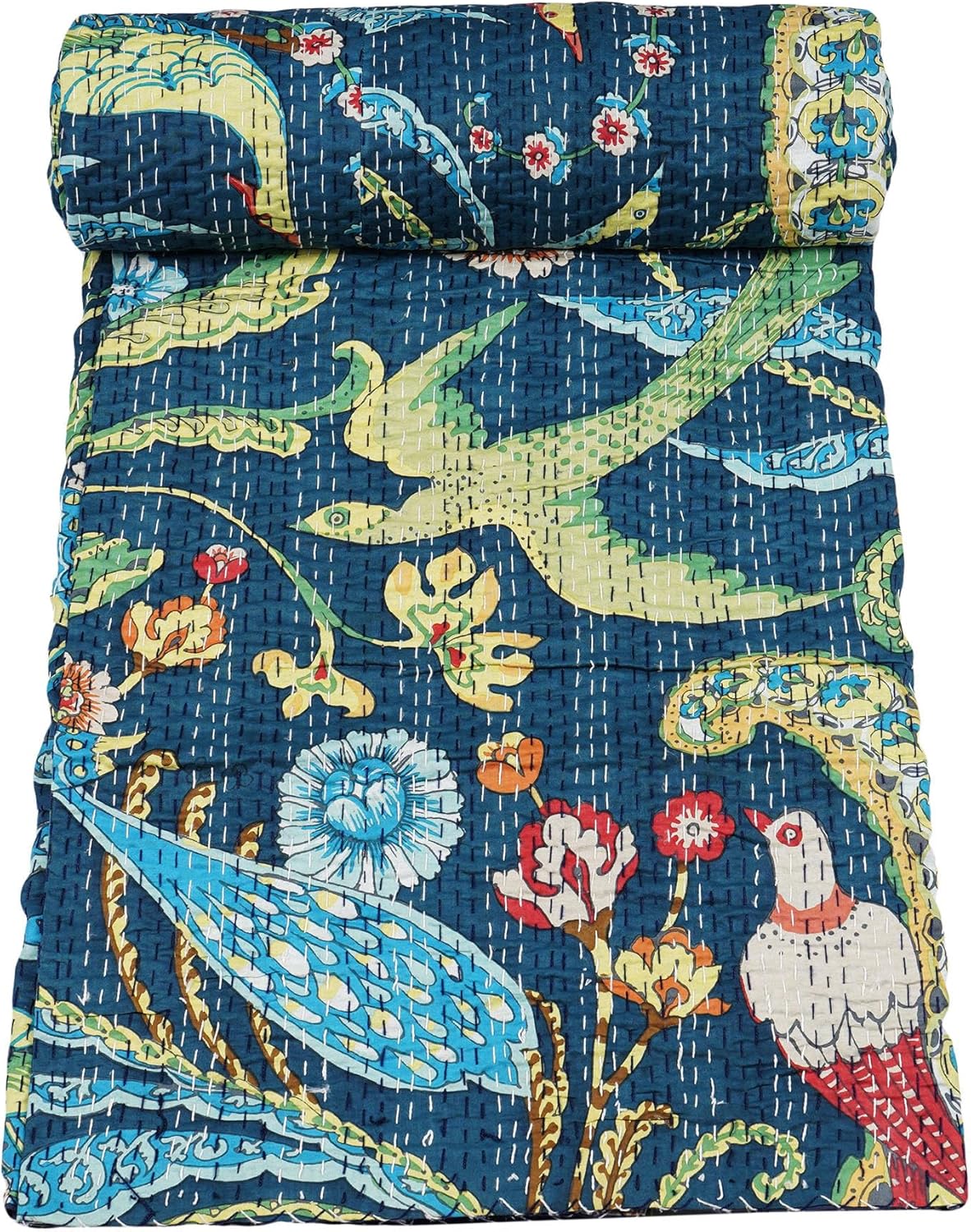 Marubhumi Indian Handmade Traditional Unique Print Kantha Quilt Throw Blanket Bespread Hand Stitched with Love (Gray, Queen (90"x 108"))