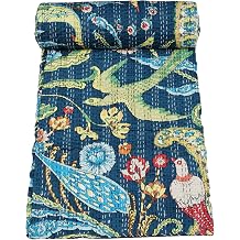 Marubhumi Indian Handmade Traditional Unique Print Kantha Quilt Throw Blanket Bespread Hand Stitched with Love Navy, Queen 90"x 108"