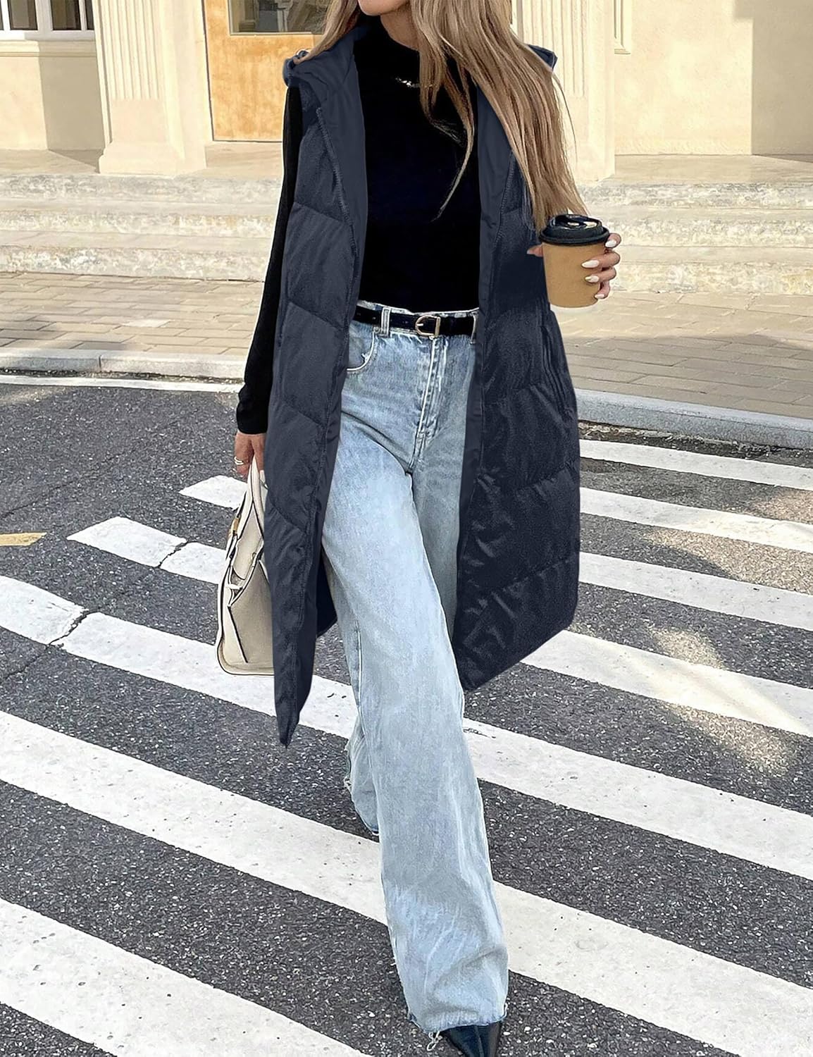 Lingswallow Long Puffer Vest Women Quilted Hooded Vests Outerwear Sleeveless Zip Up Coat Jackets With Pockets - Image 2