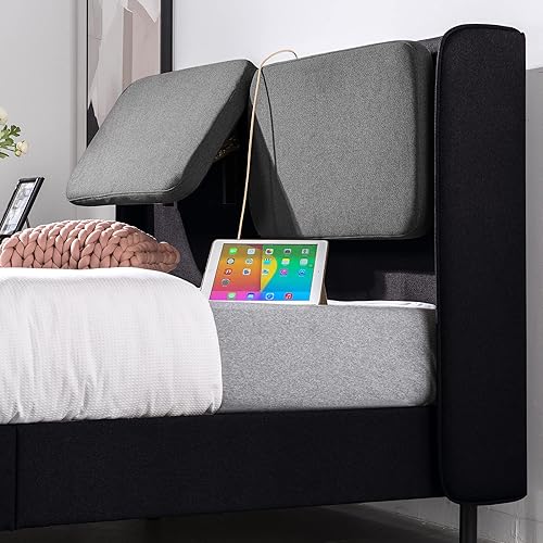 ZINUS Avery - Cama de plataforma con cabecero reclinable y puertos USB, no necesita somier, cabecero ajustable acolchado con altura personalizable,