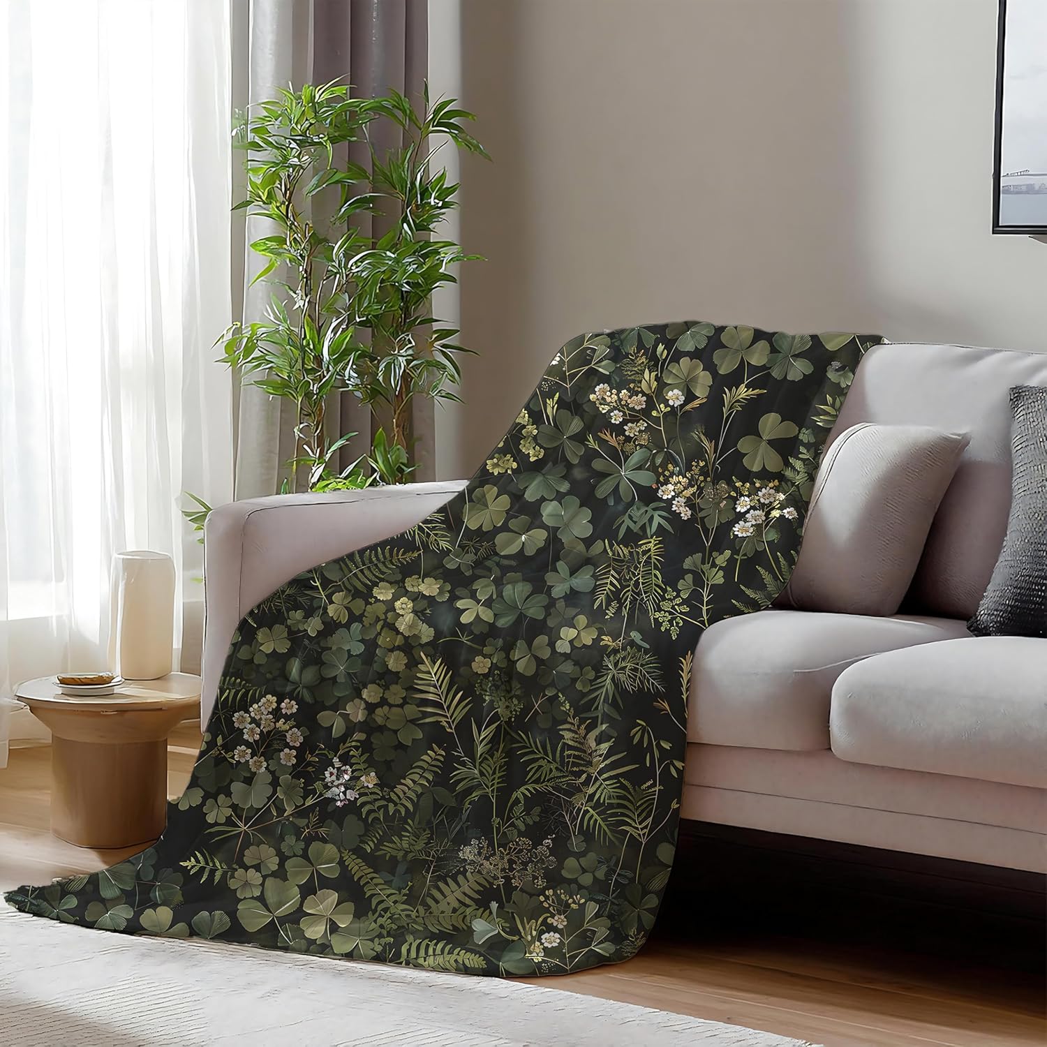 Dark Green Botanical Blanket, Vintage Nature Fern Leaf Clover Herb Plant Wildflower Throw Blanket for Home Living Room Bedroom Couch Bed Decor, Cottage Core Decor, 50x60 Inches - Image 4