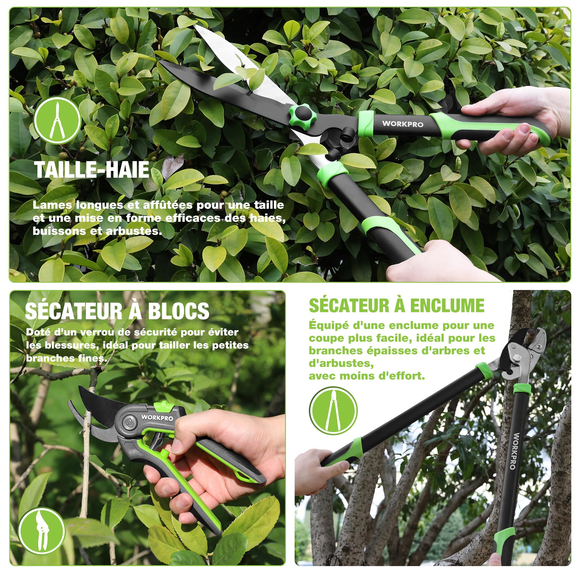 WORKPRO Set de 3 Cisailles de Jardin - Sécateur Bypass, Cisaille à Enclume et Cisaille à Haies - Kit Complet pour l'Entretien des Plantes