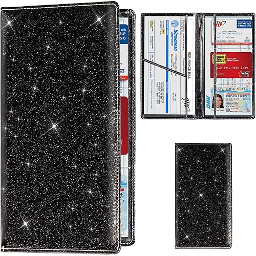 TOURSUIT Car Registration and Insurance Card Holder, Vehicle License Document Glove Box Compartment Organizer, Interior Car Accessories for Women Men Teens (Glitter Black)