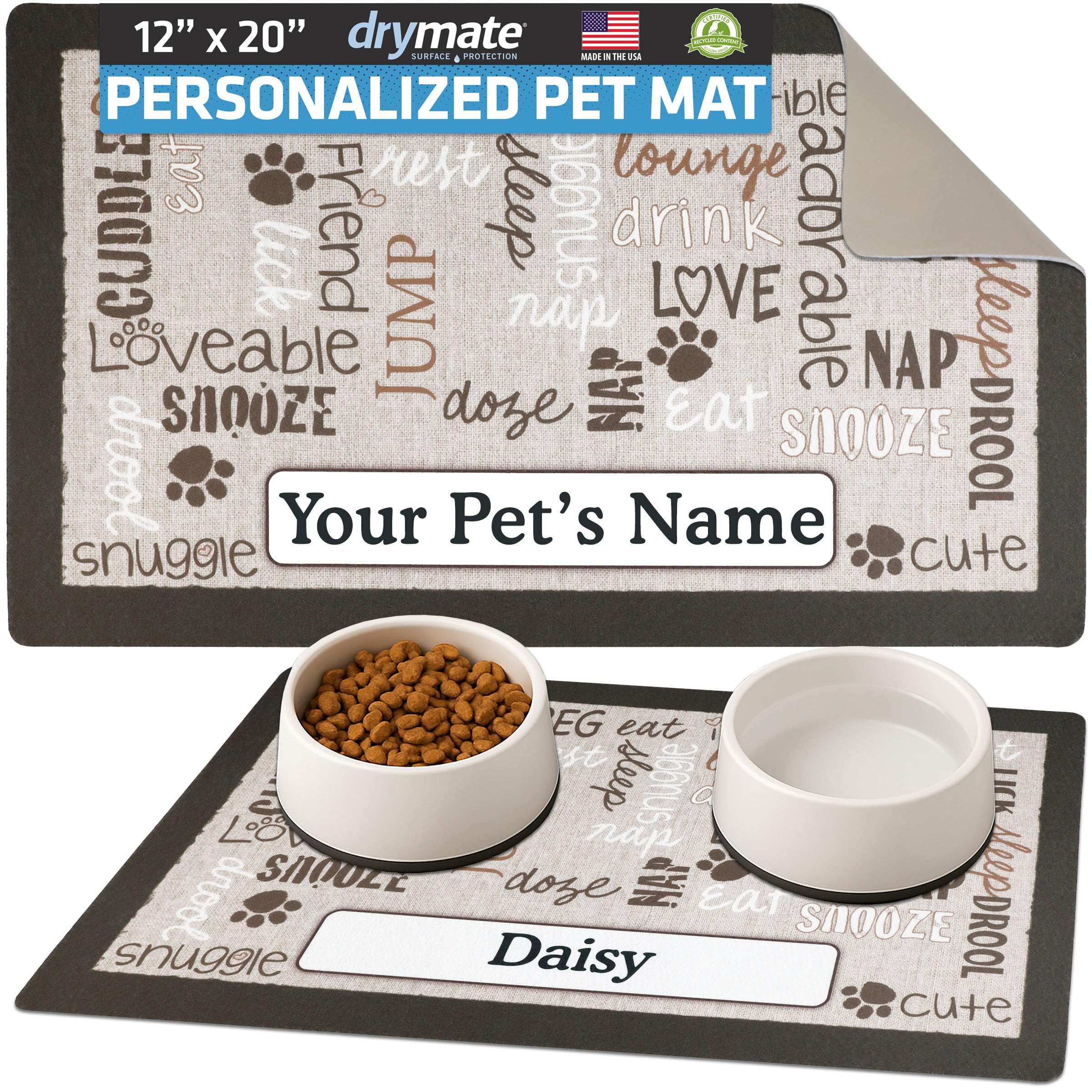 Drymate Personalized Pet Bowl Placemat, Custom Dog & Cat Food Feeding Mat - Absorbent Fabric, Waterproof Backing - Machine Washable/Durable (USA Made)