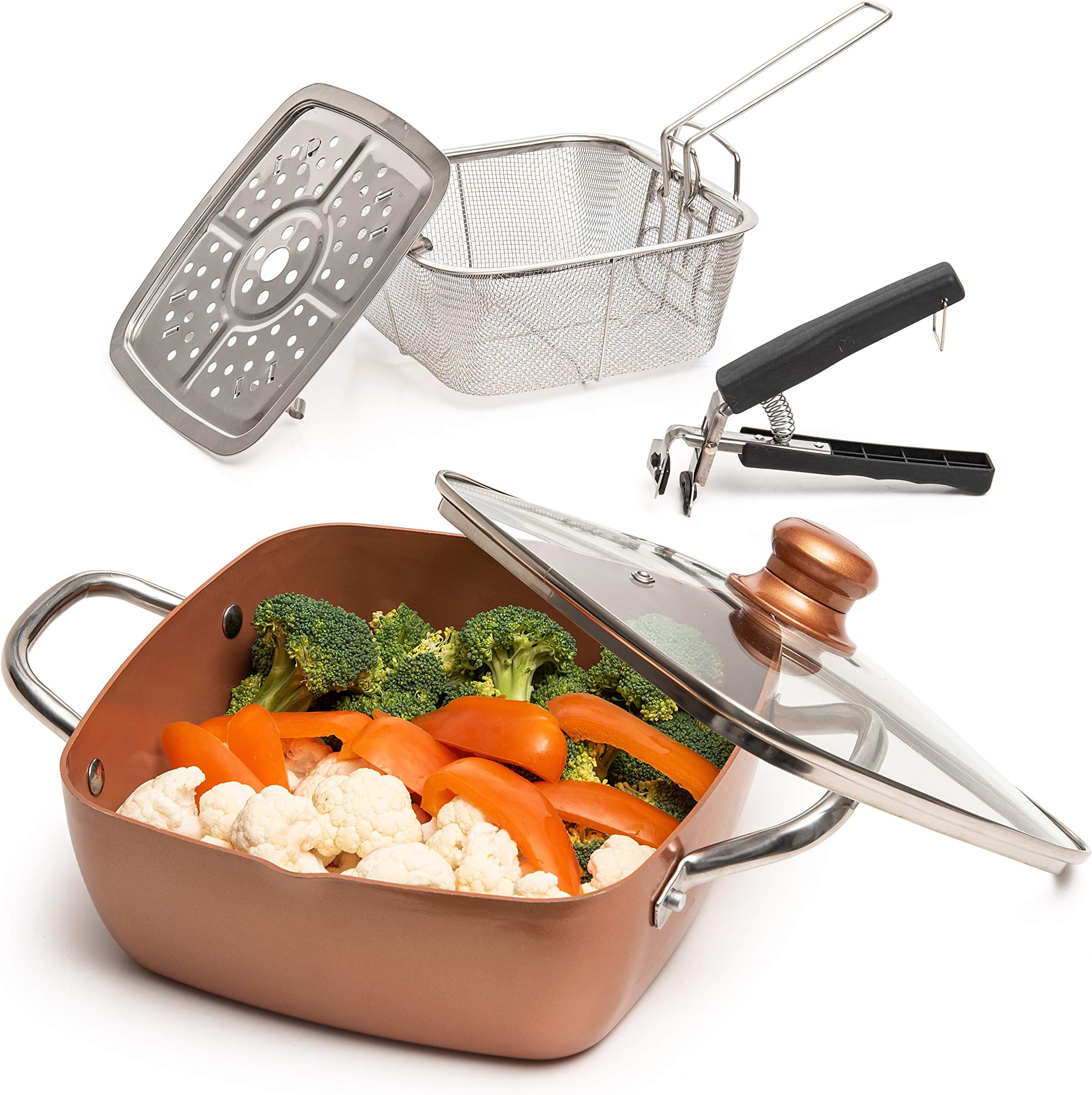 Moss & Stone Copper 5 Piece Set Chef Cookware, Non Stick Pan, Deep Square Pan, Fry Basket, Steamer Rack, Dishwasher & Oven Safe, 5 Quart