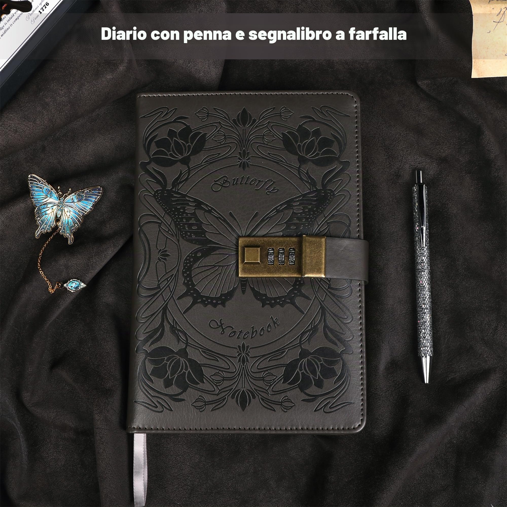 TIEFOSSI Diario con lucchetto per donne e ragazze, diario foderato con lucchetto, taccuino a farfalla con penna e segnalibro, A5 diario con lucchetto ricaricabile per scrivere