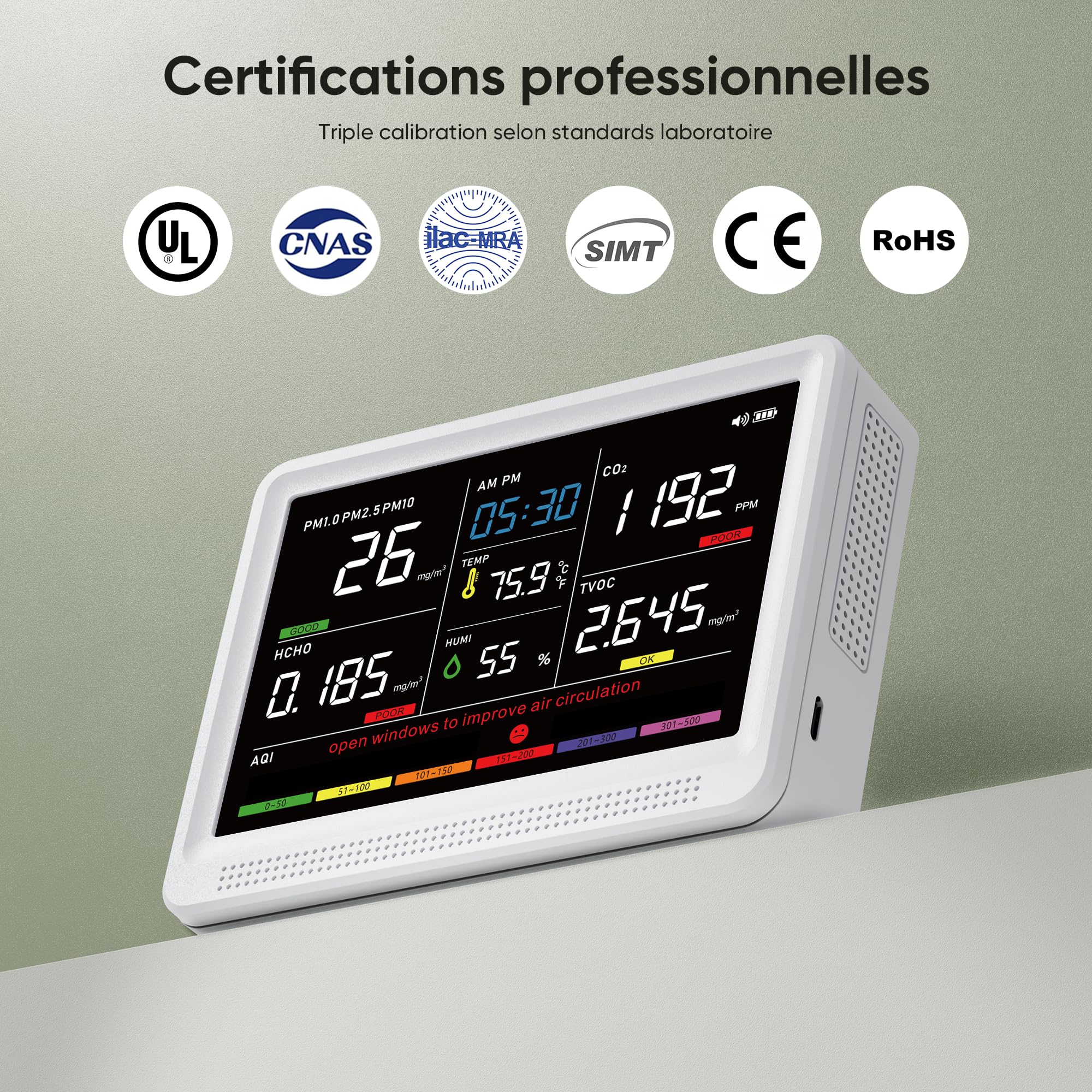 bonoch 16-en-1 Appareils Mesurant Qualité Air Intérieur avec Batterie 10h & Écran 5,5", 9 AQI + 7 Alertes, Détecteur de COV, CO2, PM2.5, PM1.0, PM10, HCHO, Température/Humidité & Heure-Blanc
