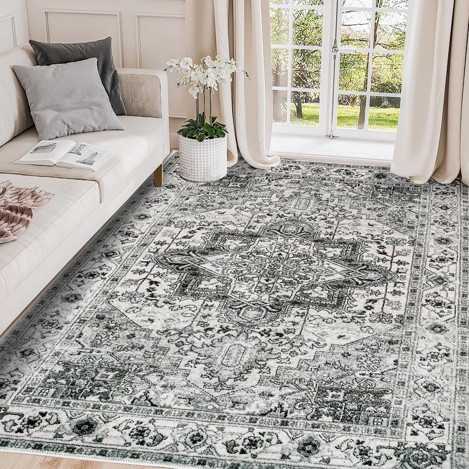 5x7 Machine Washable Area Rug, Ultra Soft Low-Pile Boho Vintage Carpet, Non-Slip Indoor Rug for Living Room, Bedroom (Gray)