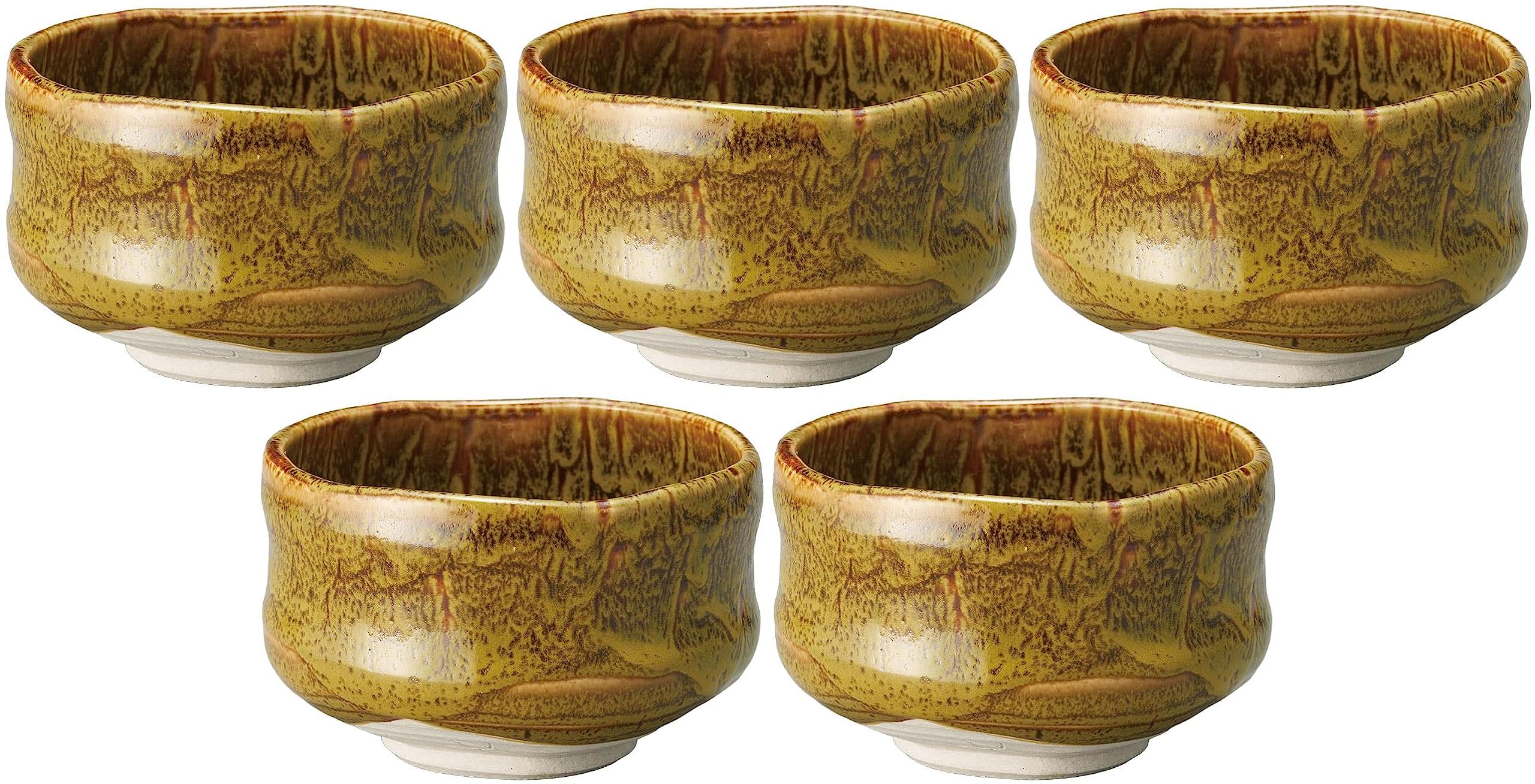 お抹茶茶碗　5個 Amazon｜5個セット アメ釉 黄抹茶碗 [12.6×8.2cm] 【抹茶茶碗