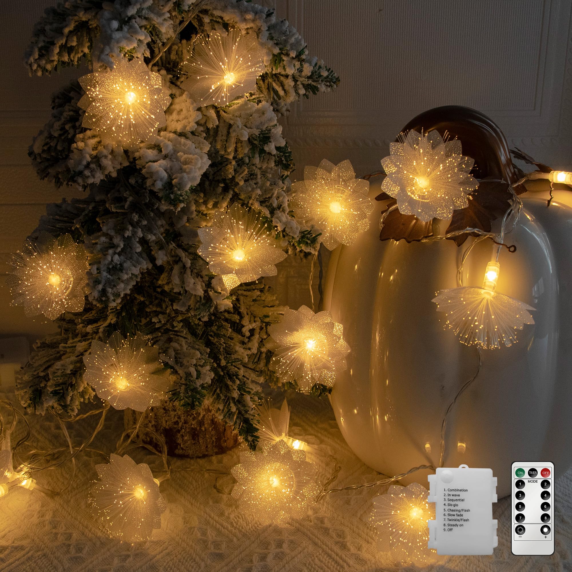 YOLIGHT Flower String Lights 13 Ft 20 LED Cute Fairy Light Battery Operated with Remote Timer, Fiber Optic Twinkle Lights for Bedroom Wedding Christmas Dorm Fence Garden Decor (Warm White)