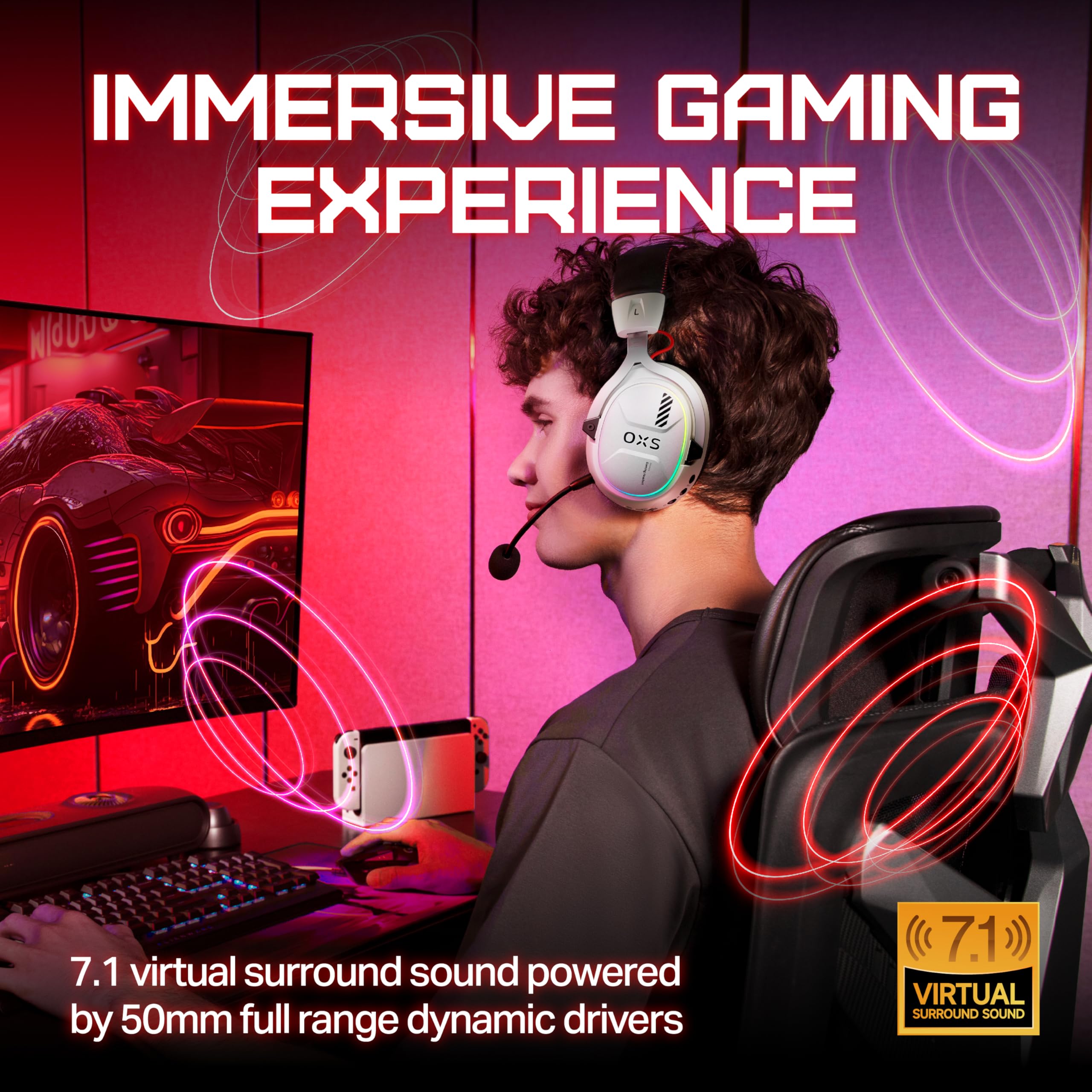 Casque Gaming Sans Fil OXS Storm G2 - Son 7.1, Autonomie 40h, Micro Détachable - Pour PC, Console, Mobile