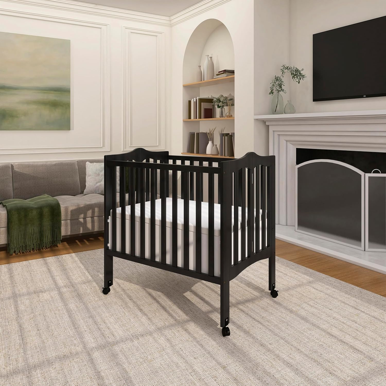 Dream On Me 2-In-1 Lightweight Folding Portable Stationary Side Crib In Black, Greenguard Gold Certified, Baby Crib To Playpen, Folds Flat For Storage, Locking Wheels