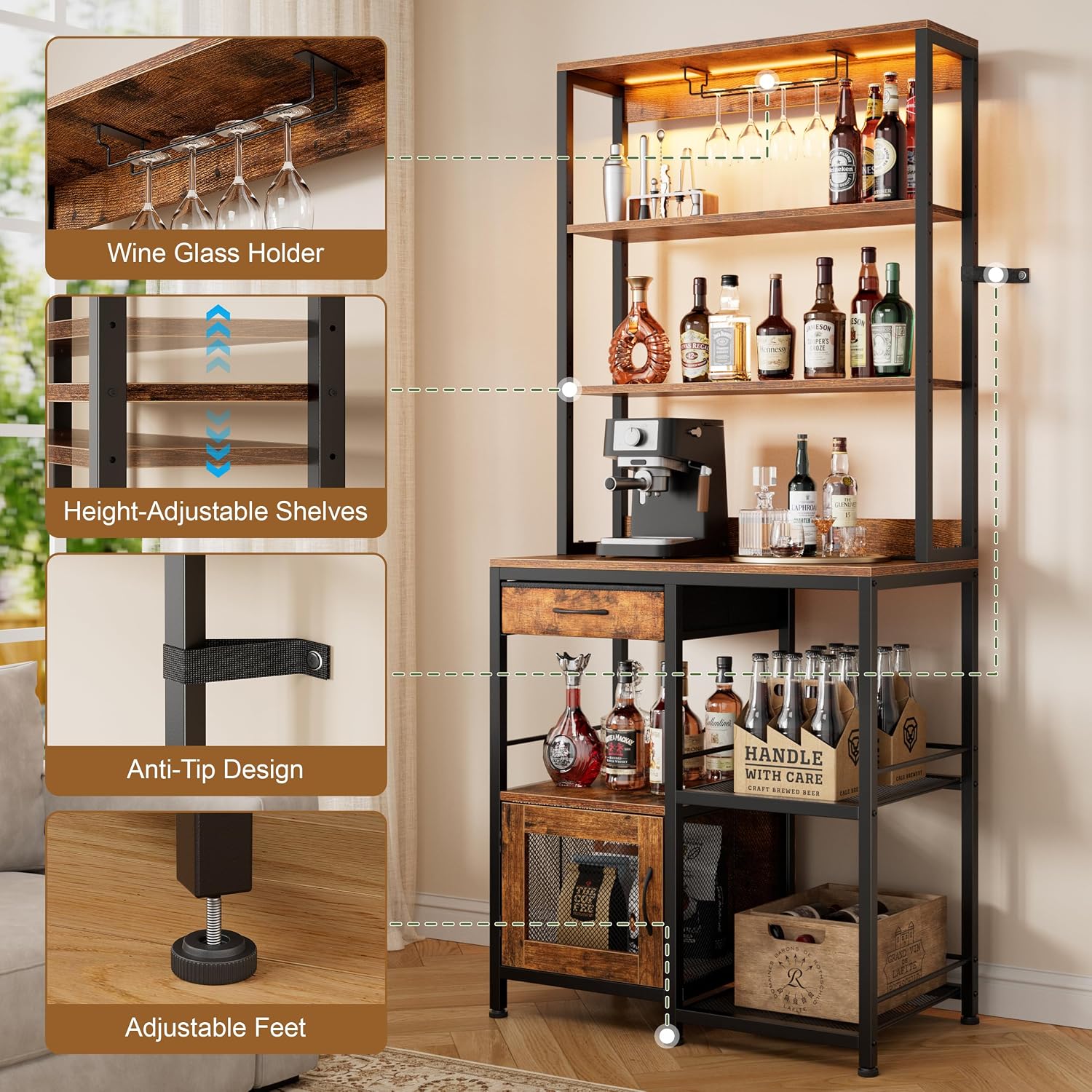 LIFECHOVY Bar Cabinet with Power Outlets, 67.7" Tall Coffee Wine Bar Cabinet with Glass Holder, Liquor Cabinets with LED Lights and Microwave Stand for Home, Dining Room, Rustic Brown