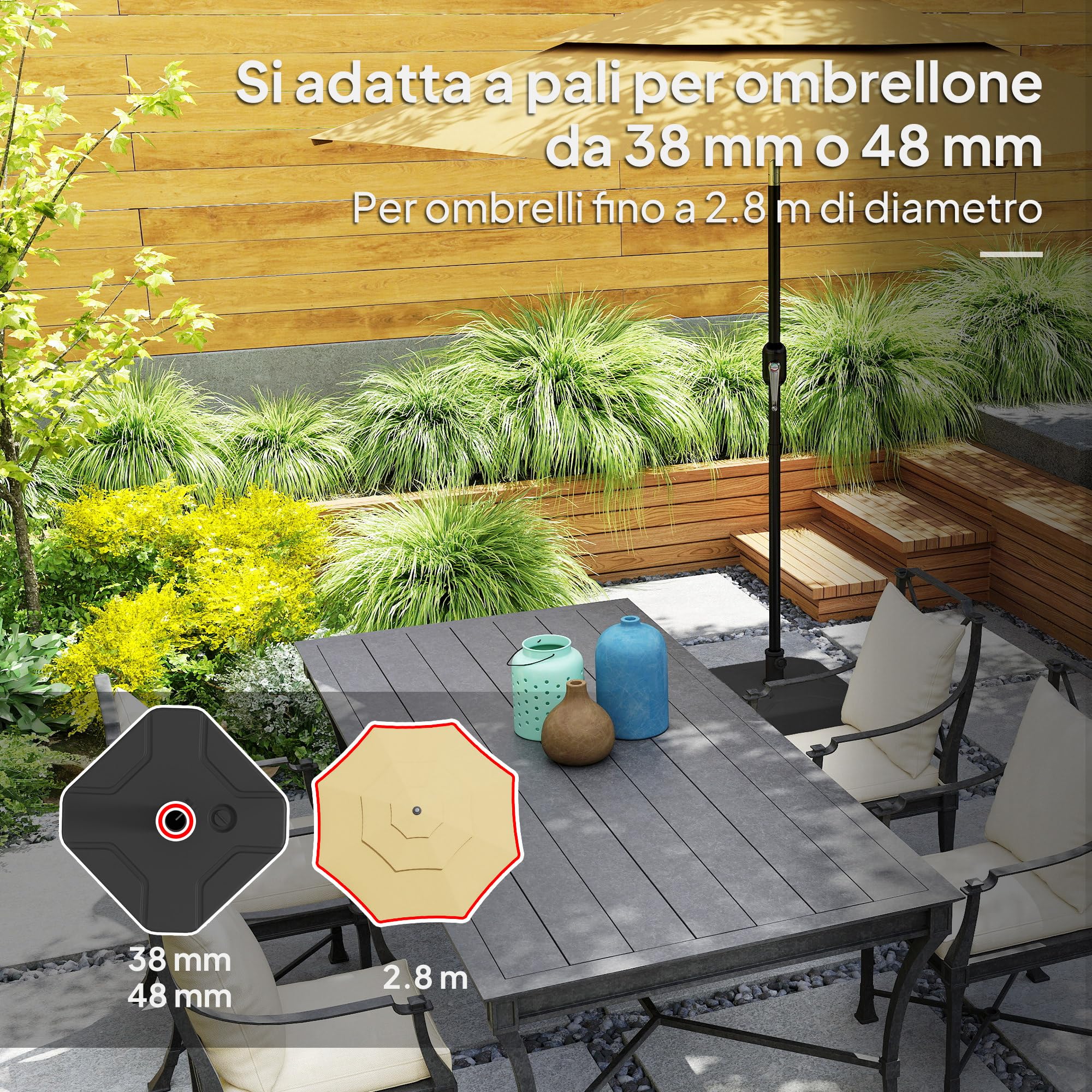 Outsunny Base per Ombrellone Quadrata, Supporto Pesante per Ombrelloni da Esterno, Riempibile con Sabbia Fino a 25kg o con Acqua Fino a 20kg, per Giardino, Piscina, Nero