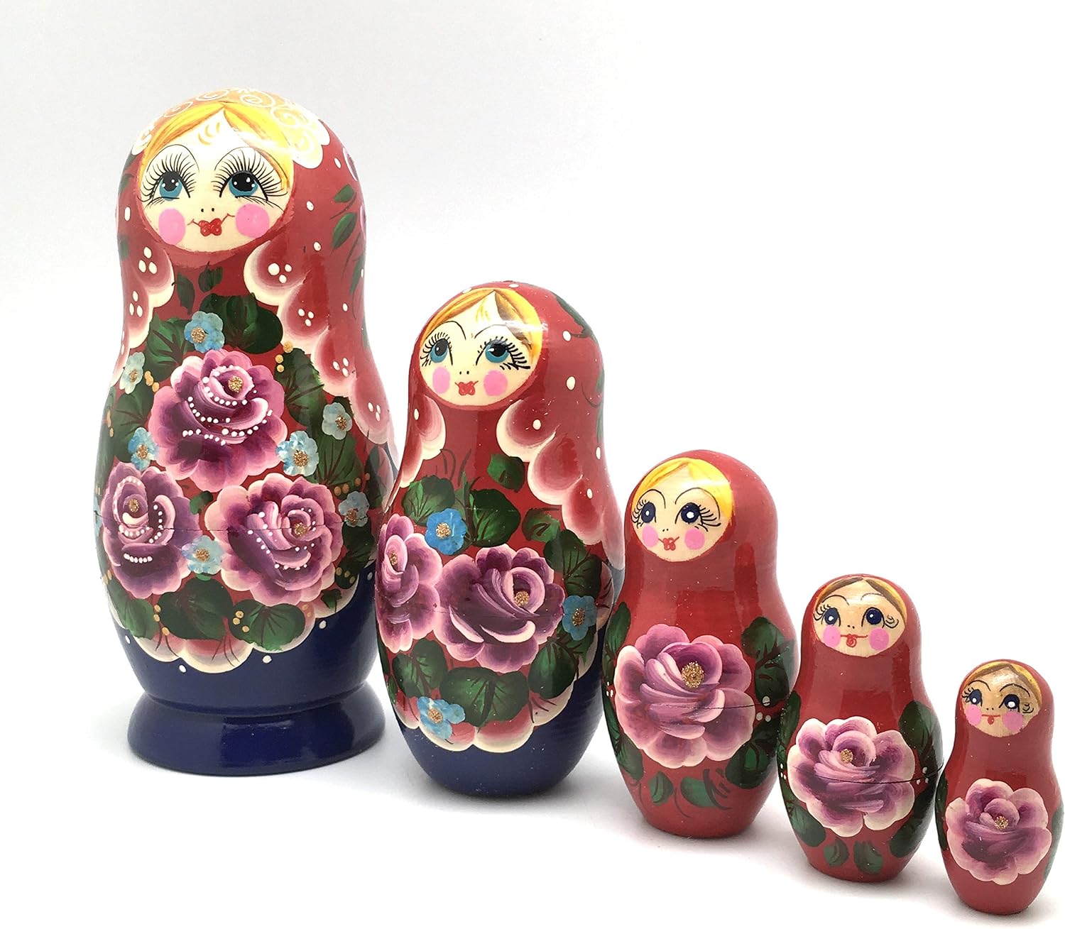 Russian Beauty with Rose Nesting Dolls 5 Pieces Set Hand Carved Hand Painted Babushka Doll