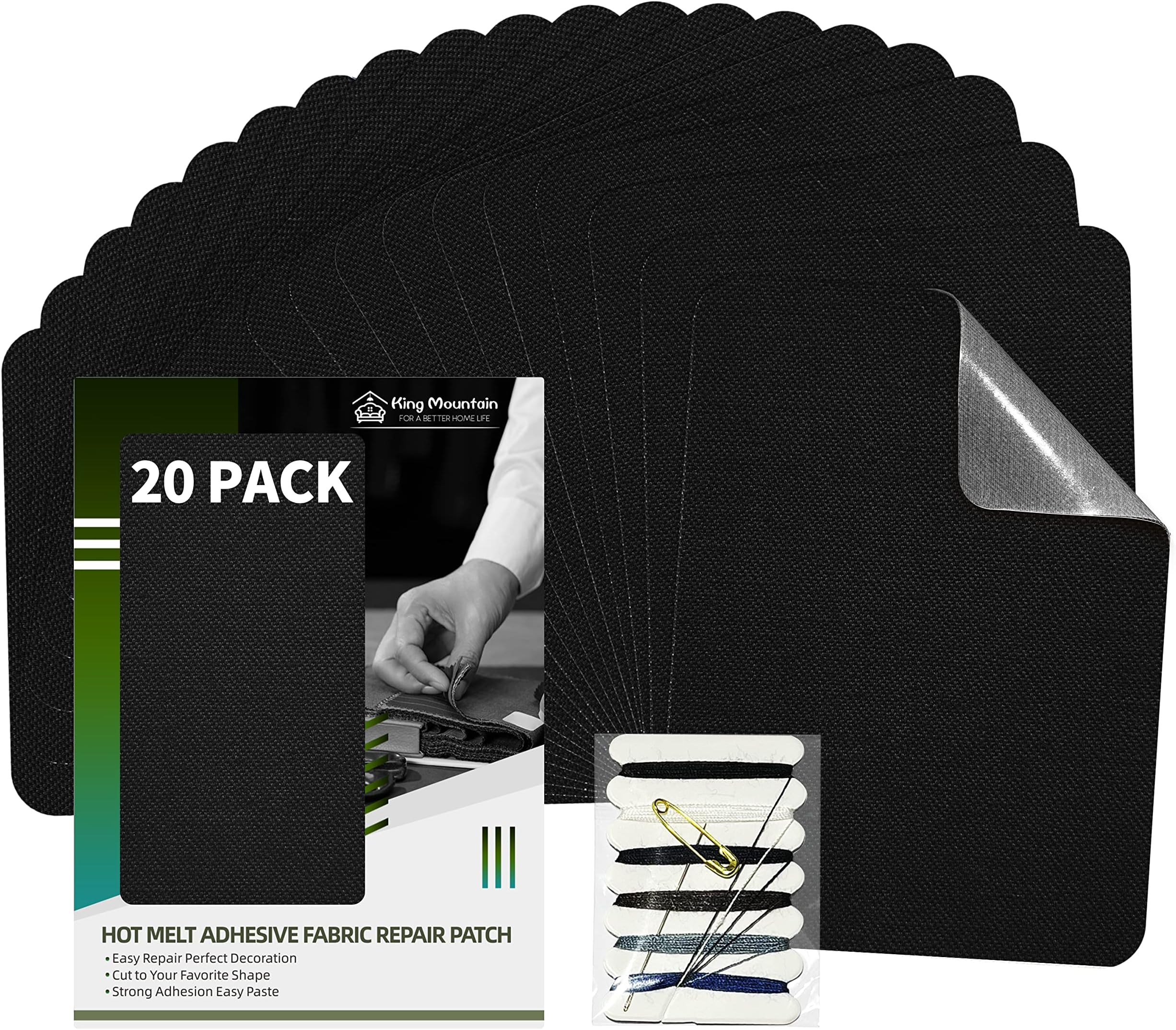 KING MOUNTAINIron-on Repair Patch 20 Pcs Pack,100% Cotton Iron-on Repair Patch,3"x4-1/4" with Back Glue Fabric Repair Kit,Repair Denim, Clothes and Fabric (Black1.0)