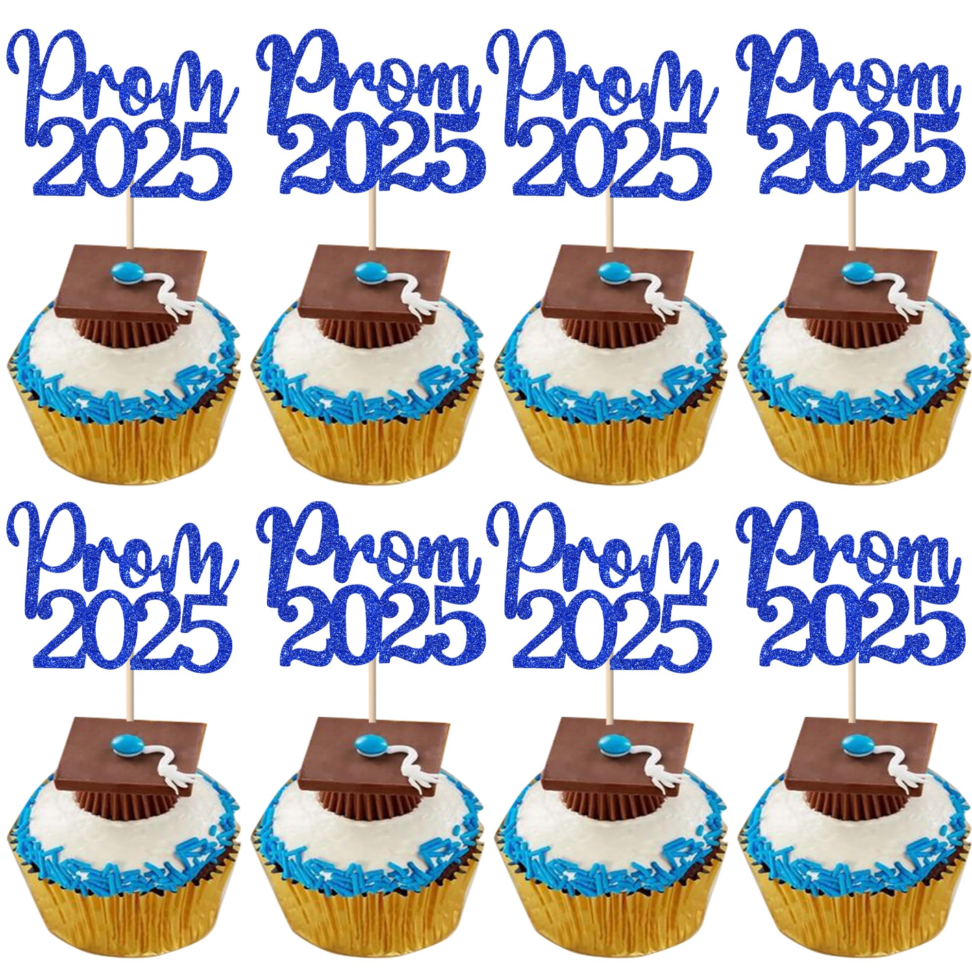 SYKYCTCY 24 Pack Prom 2026 Graduation Cupcake Toppers Glitter 2026 Prom College Cupcake Picks for Congrats 2026 Graduation Class of 2026 Theme School Party Cake Decoration Supplies Blue