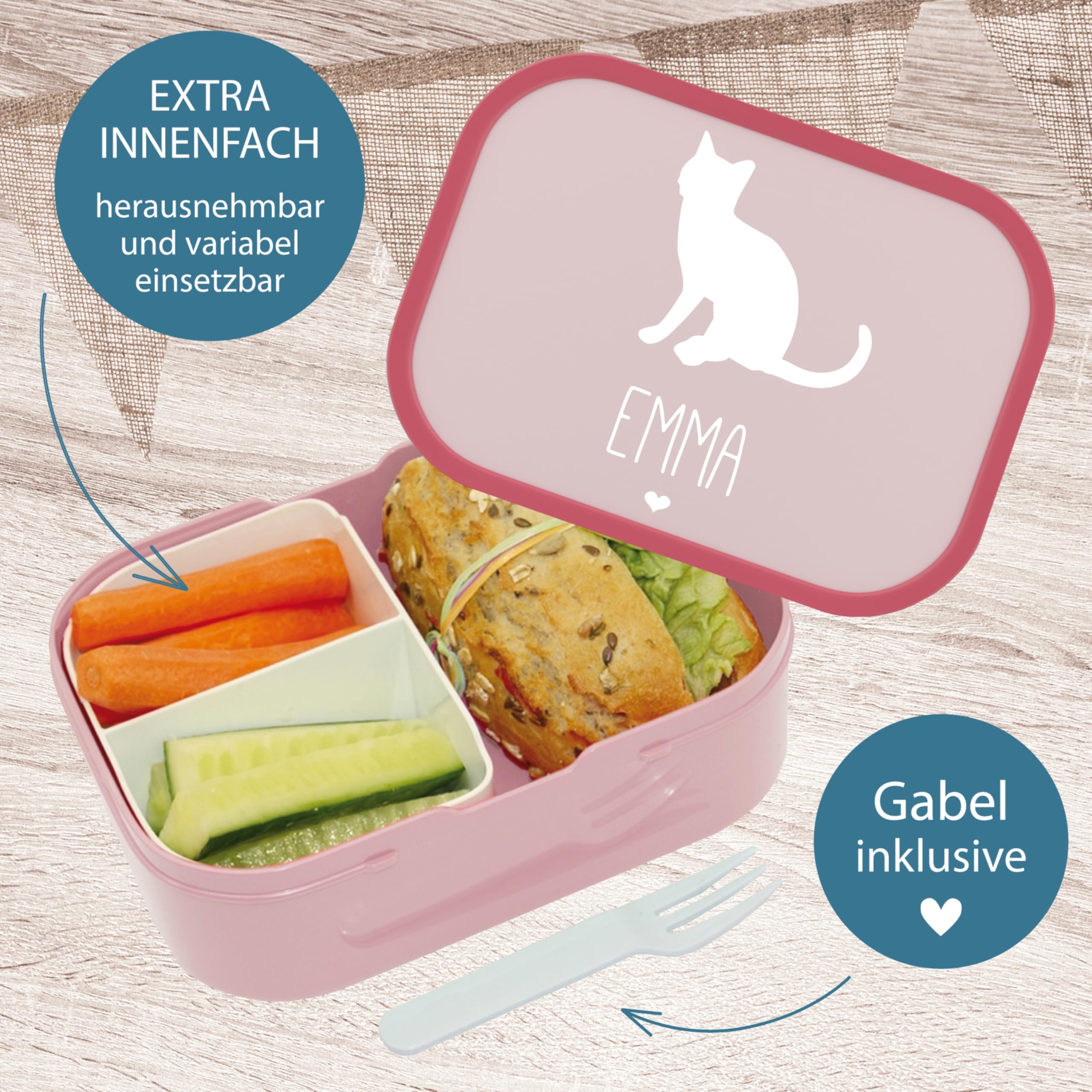 4ou Design Mepal Set Brotdose & Trinkflasche personalisiert mit Namen – Silhouette Katze – Auslaufsicher, Bento Einsatz rausnehmbar, inkl. Snackgabel – BPA frei – Geschenk für Kinder (Cool Pink)