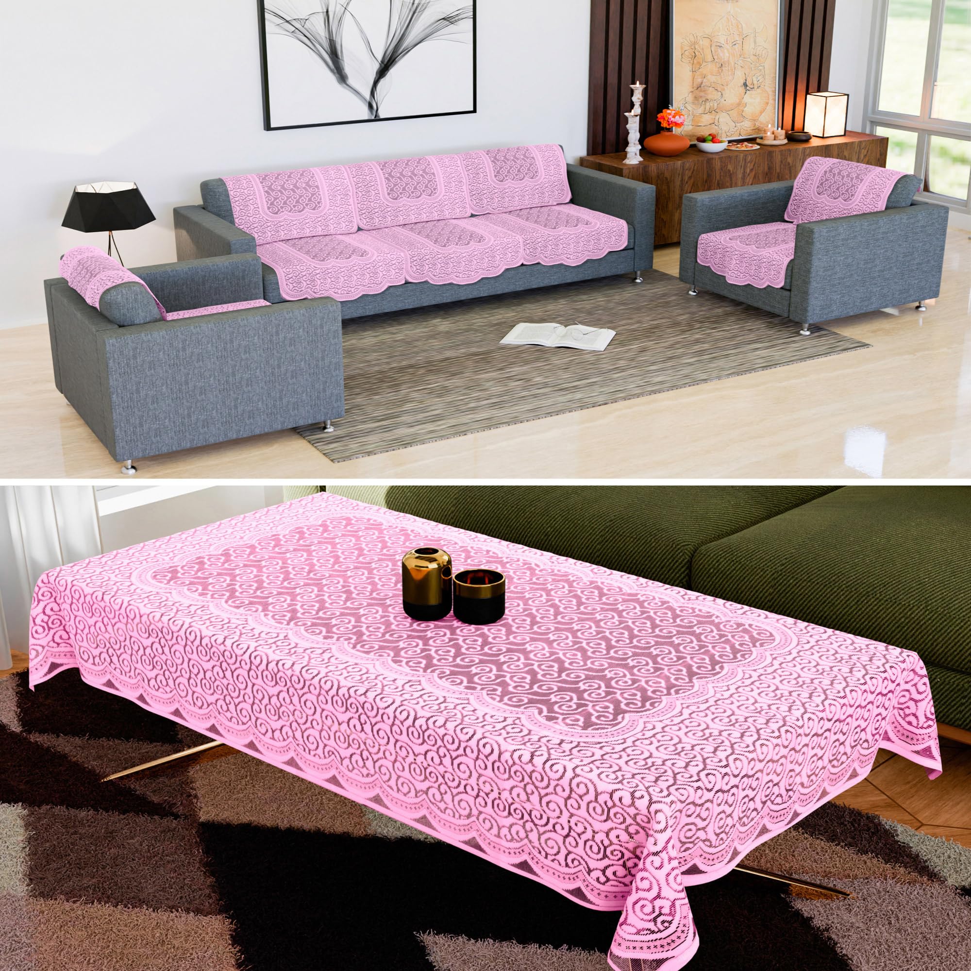 Kuber Industries Sofa & Center Table Cover Set | Furniture Protector Cover for Living Room | Net 5 Seater Sofa & 4 Seater Table Cover Combo | Zig Zag Print | Pink