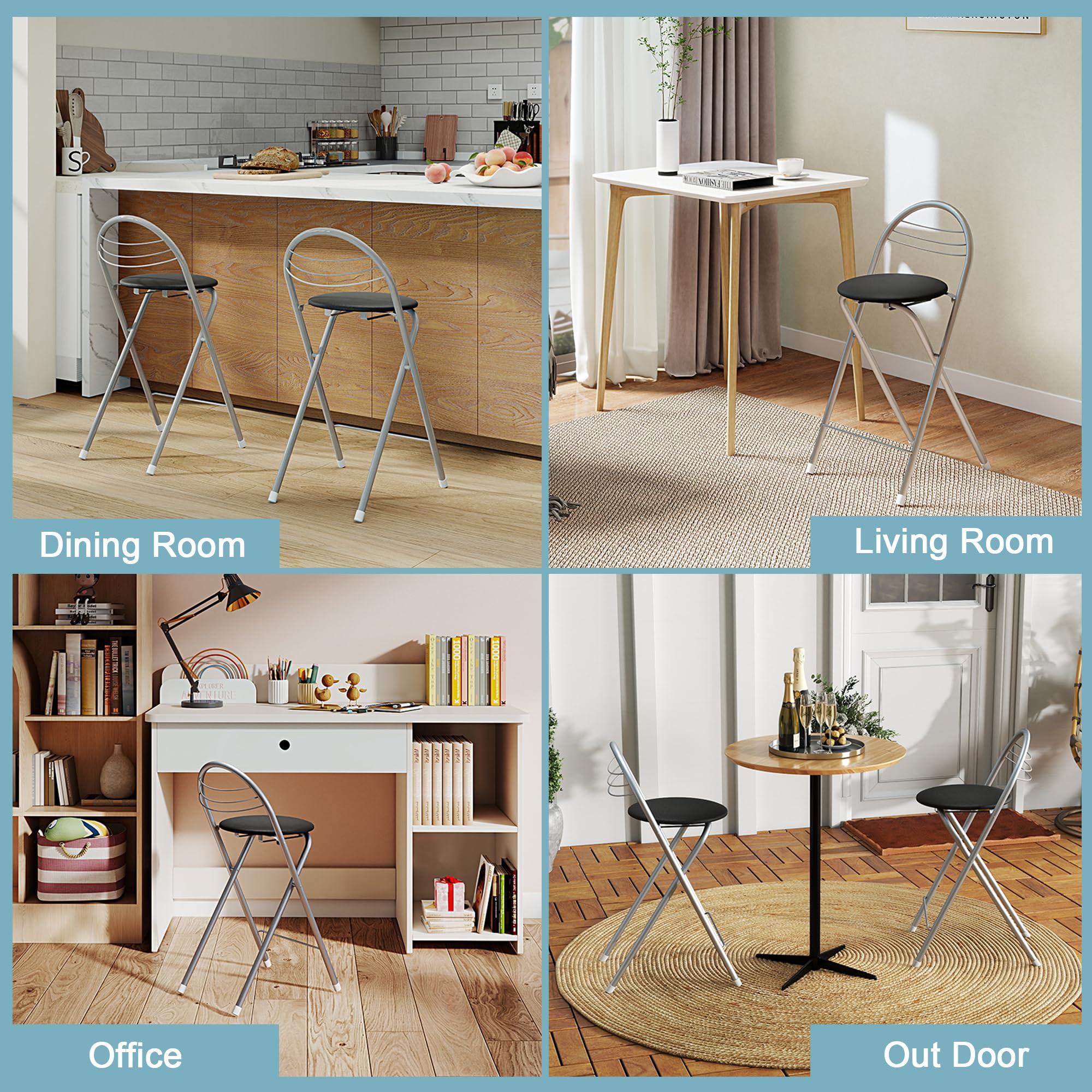 Tabouret Bar Pliant avec Rembourrage, Chaise Cuisine avec Dossier, Hauteur Assise 61 cm, Aucun Assemblage requis, Tabouret Pliant Portable, pour Cuisine, Salon, Salle à Manger, Noir et Argent