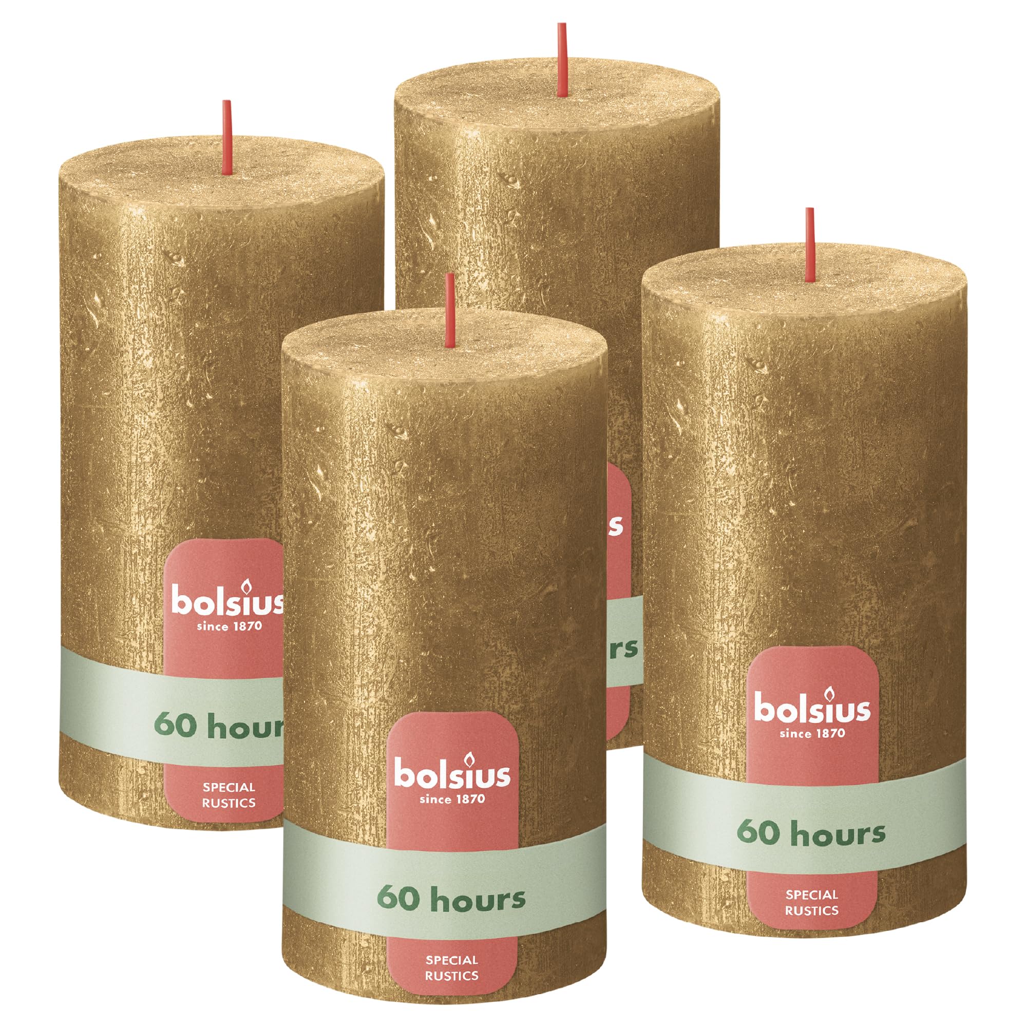 Bolsius Rustic Pillar Candle - Shimmer Gold - Pack of 4 - Long Burning Time of 60 Hours - Interior Decoration - Unscented - Includes Natural Vegan Wax - No Palm Oil - 13 x 7 cm