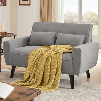 48" Small Loveseat Sofa, Mid Century Modern Love Seat Couch, 2 Seat Tufted Couches with Throw Pillows for Living Room, Apartment, Bedroom and Small Spaces, Light Grey