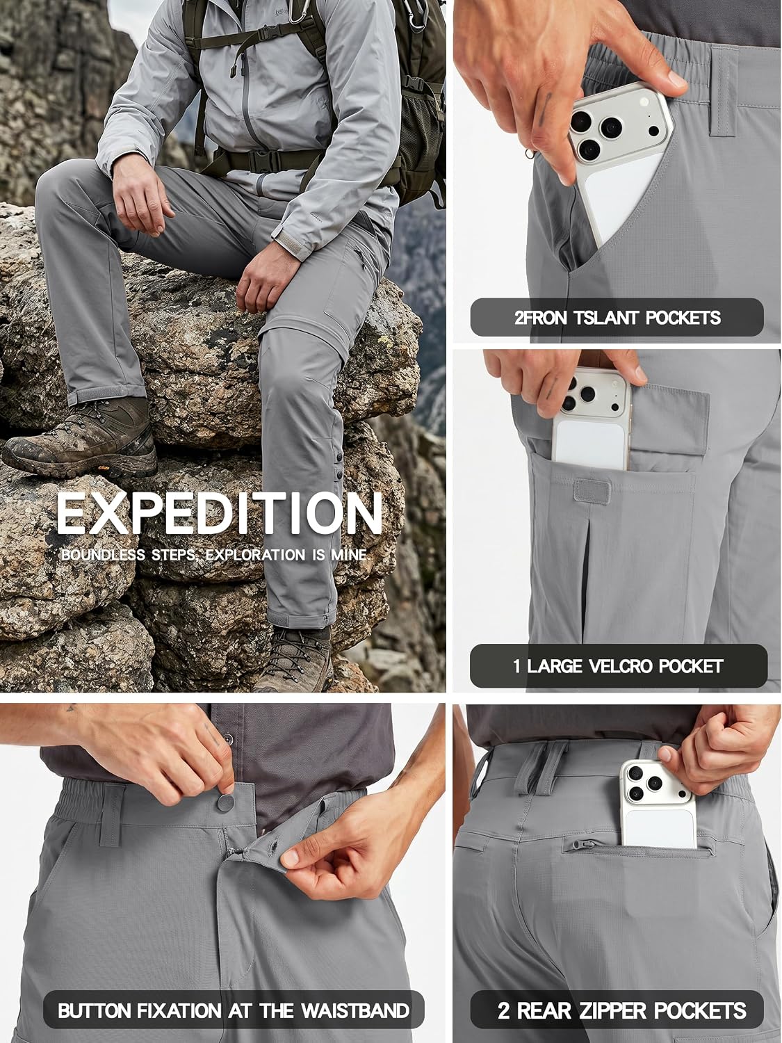 Men's Hiking Convertible Pants Quick-Dry Waterproof Lightweight Zip-Off Outdoor Stretch Cargo Work Pants