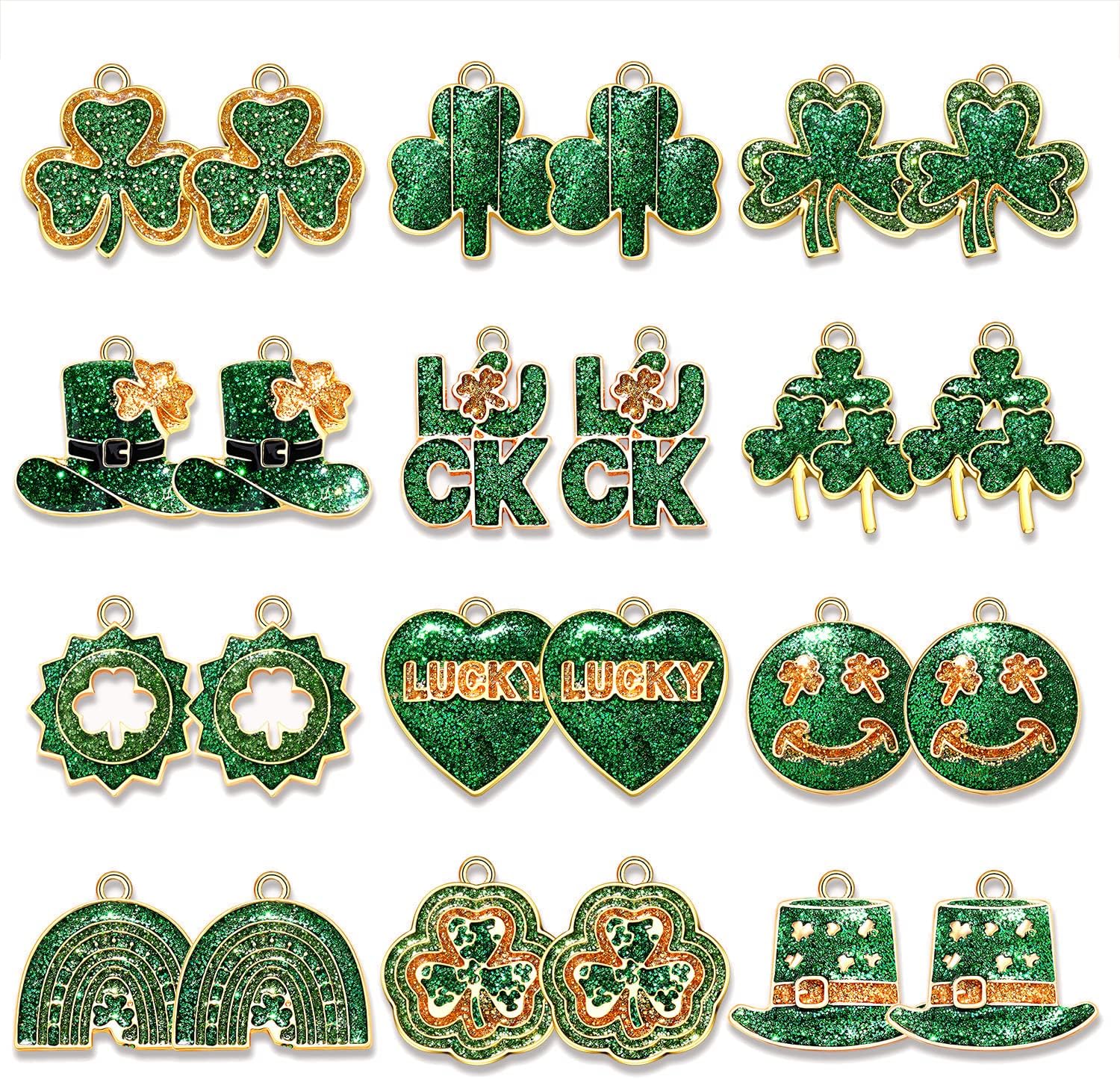 24/30PCS St. Patrick's Day Charms Glitter Shamrock Charms for Jewelry Making, Green Leaf LUCK Hat Pendant Charms for Bracelet Necklace Earrings Making DIY Crafts Irish St. Patrick's Day Accessory