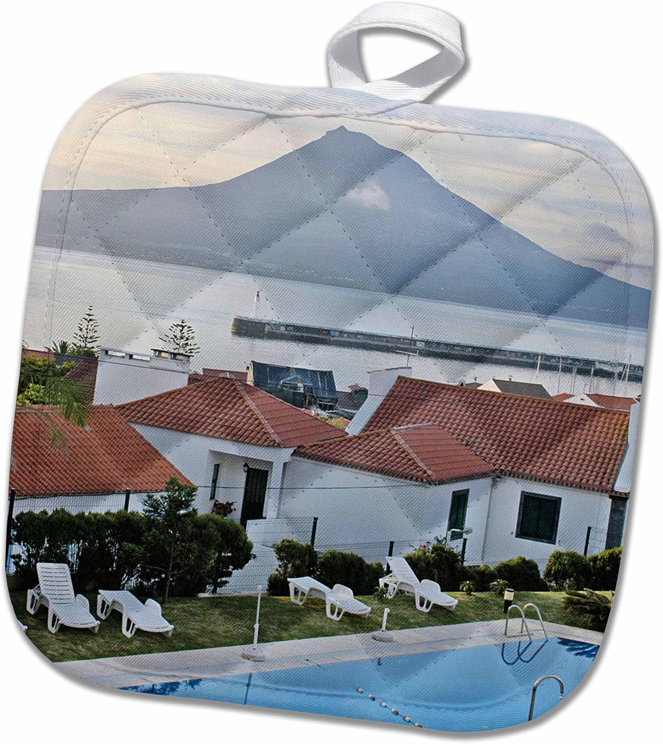 3D Rose Traditional White Houses and Architecture in Horta-Faial Island-with Pico Volcano in Background Pot Holder, 8" x 8"