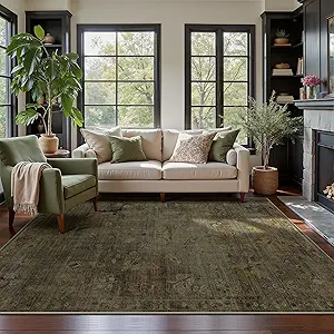 GENIMO 6x9 Area Rugs for Living Room, Machine Washable Non Slip Vintage Rugs, Low Pile Lightweight Chenille Print Rug for Bedroom, Dining Room, Home Office, Moss Taupe