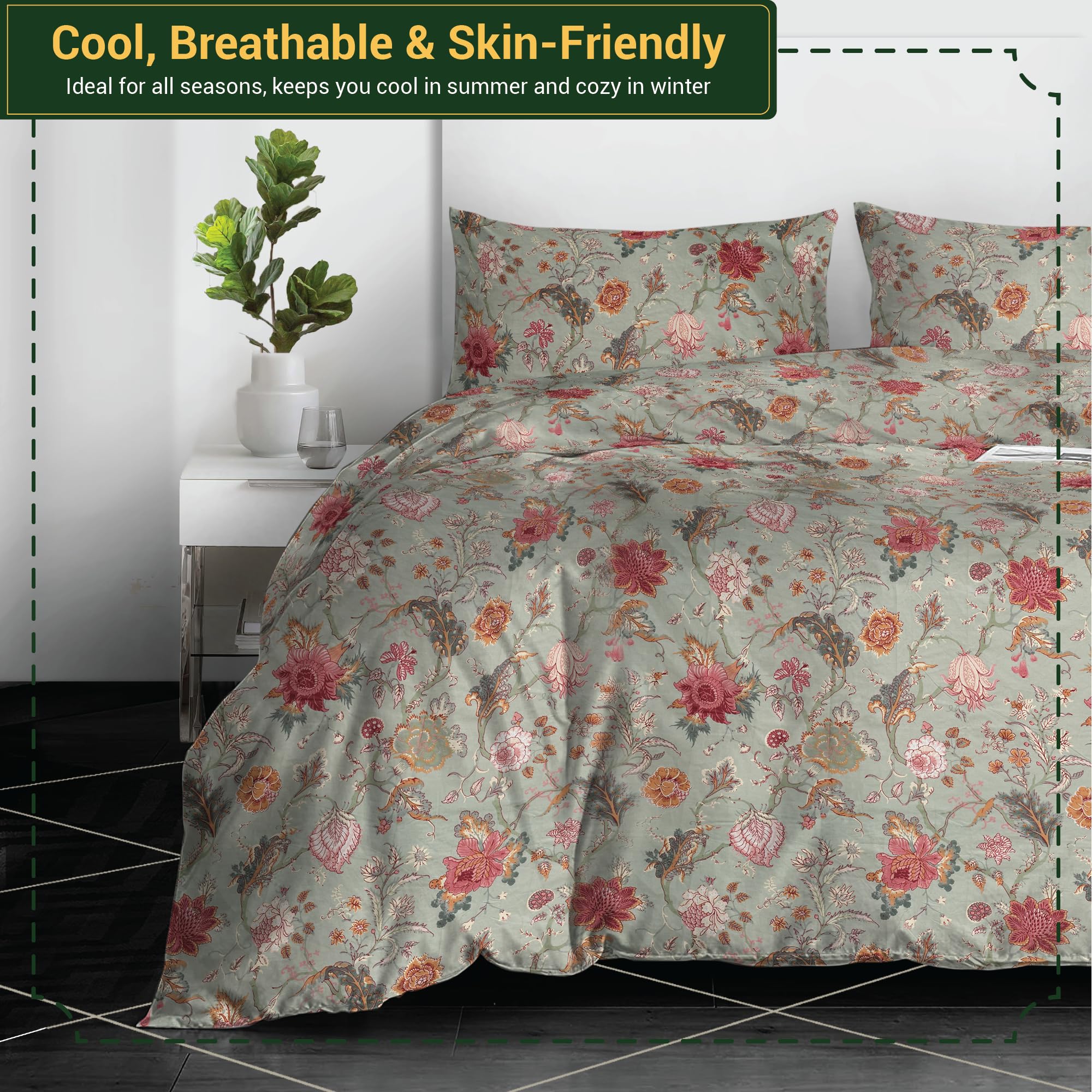 Shadow Sleep Floral Duvet Cover Set Double, 400 Thread Count 100% Egyptian Cotton Bedding - Image 3