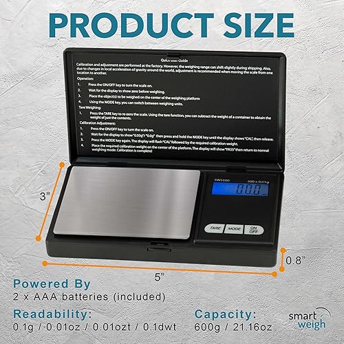 Miniatura 5 de Smart Weigh SWS600 balanza digital de bolsillo de elite, 600 x 0,1 g, color negro