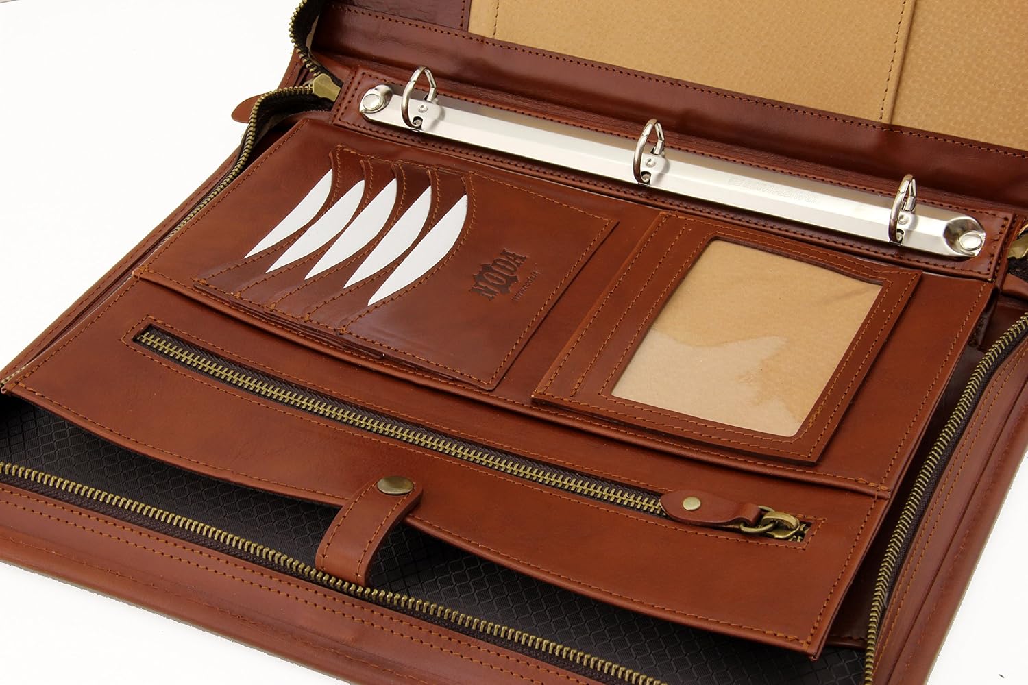 Noda Executive Leather Padfolio 3 Ring Binder Professional Business Portfolio w/Zippered Closure | Resume, Document, Notepad, Tablet, Writing Pad Organizer | Men, Women with Handle (Cognac)