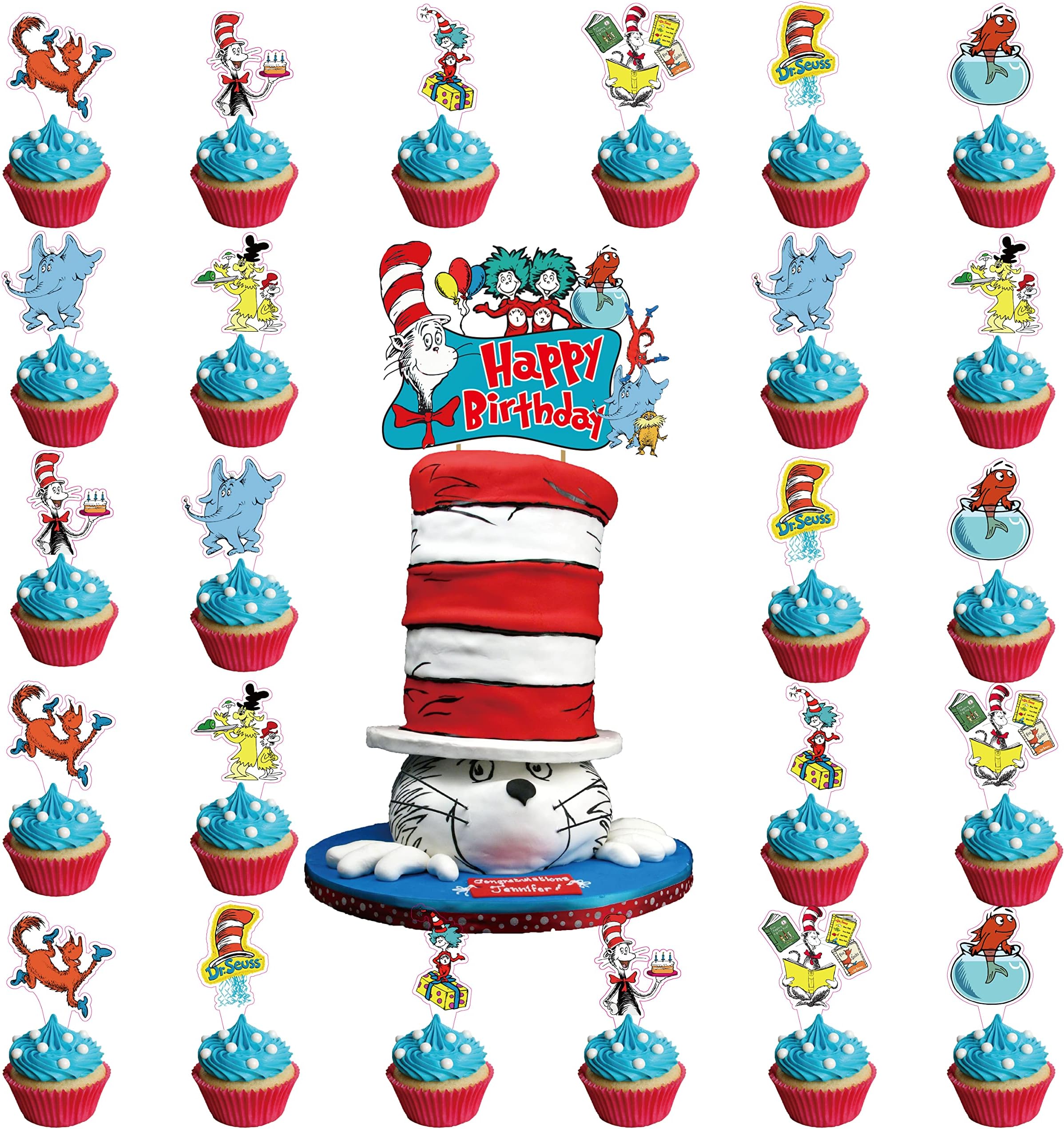 25Pcs Dr Seuss Cake Topper Decorations Cupcake Toppers Dr Seuss Happy Birthday Party Supplies for Kids Party Favor