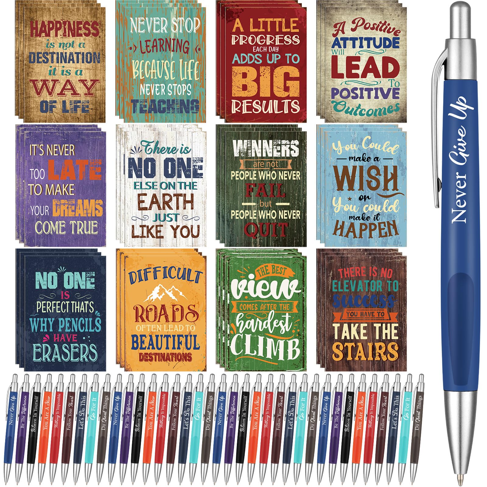 Yeaqee 72 Pcs Motivational Pens Notepads Gifts Set Inspirational Quote Ballpoint Pen Small Notebook Mini Journal Bulk Present Idea for Teacher