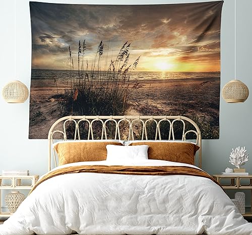 Miniatura 5 de Ambesonne Tapiz de playa, escena costera tranquila con horizonte en medio de la nada nublado puesta de sol imagen del océano, colgante de pared