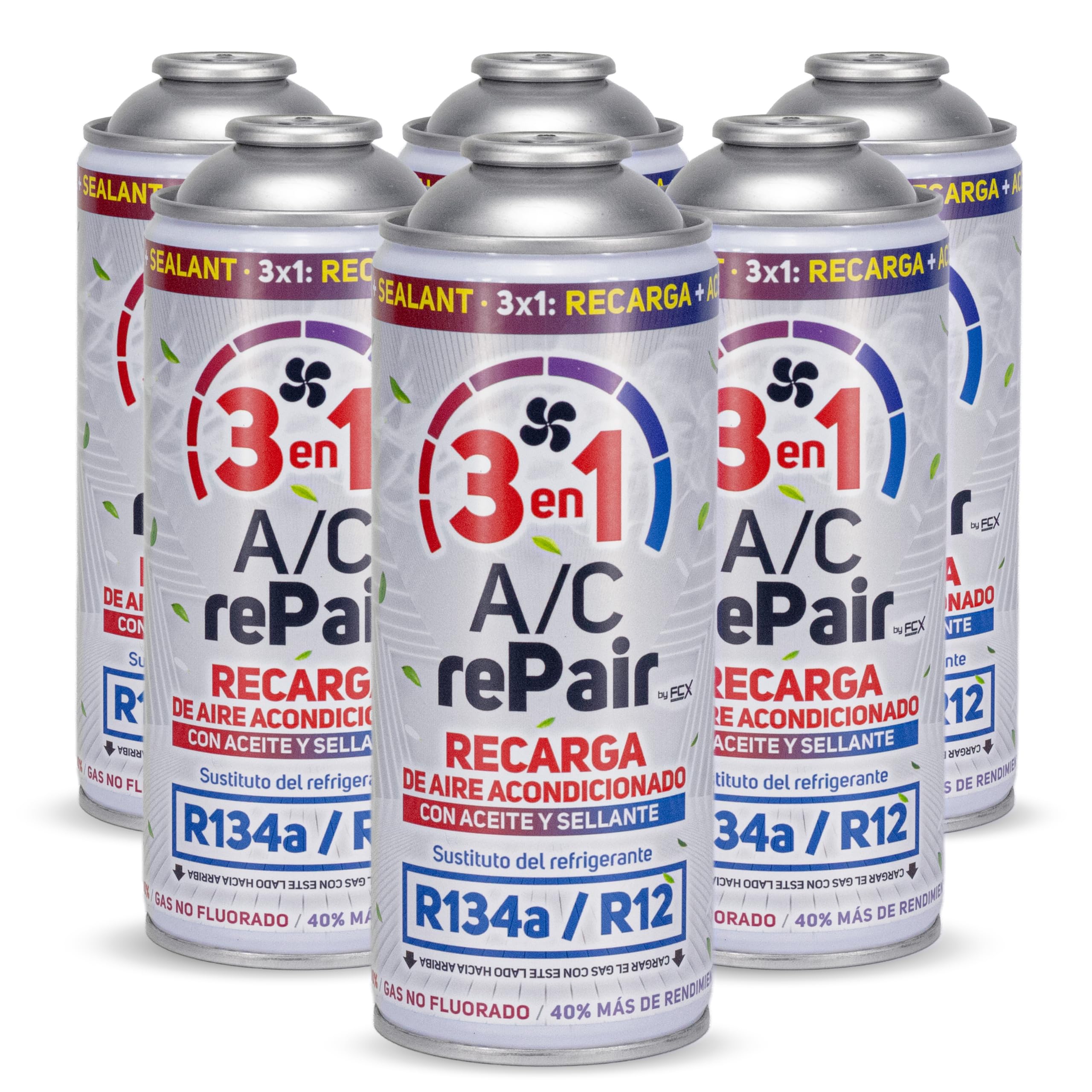 AC Repair 3 in 1 Car Air Conditioner Refill with Oil Sealant Detector Leak Cap 220g Replacement Gas Refrigerant R134a R12 Easy to Use Refill Sealant Compatible Cars 1992-2016 (Pack 6)